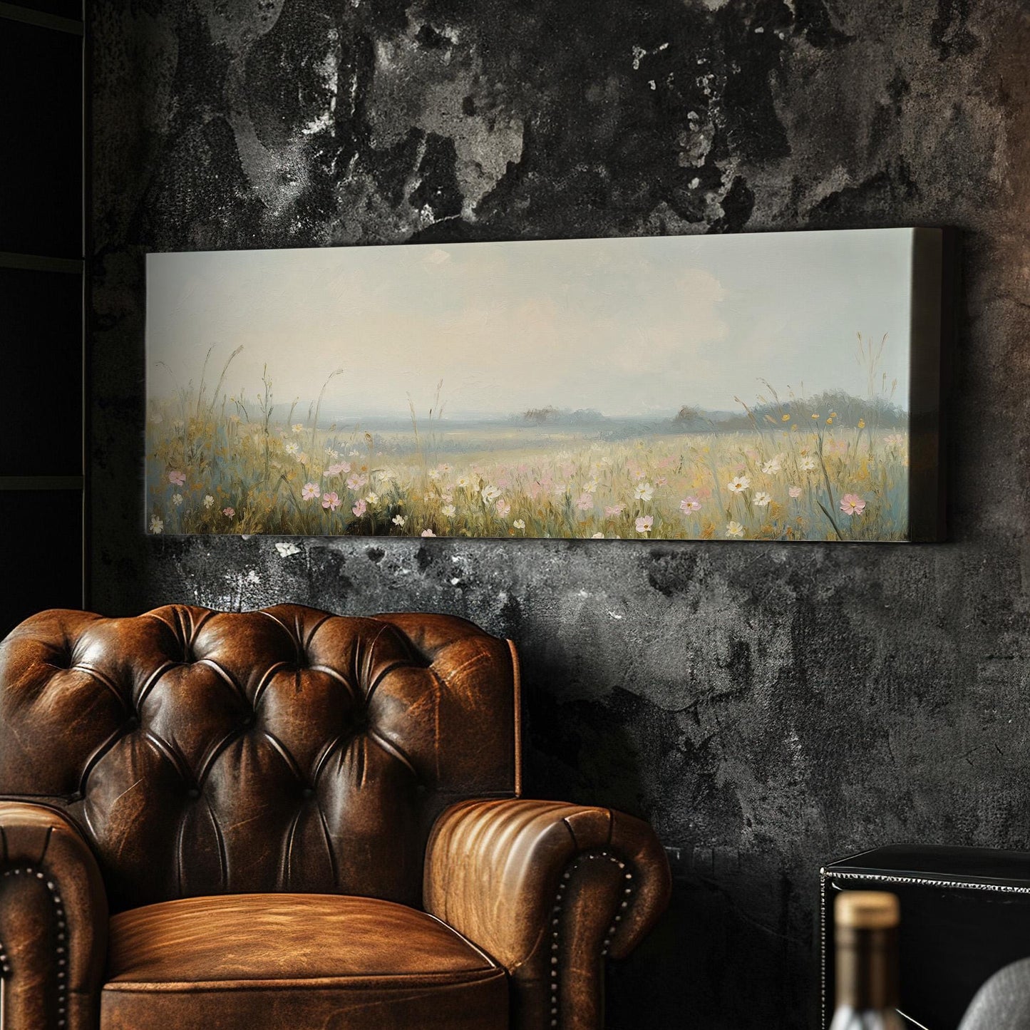 Pink Flowers on Spring Meadow Panoramic Wildflower Field, Minimal Muted Landscape Canvas Print, English Countryside Printed Canvas Art