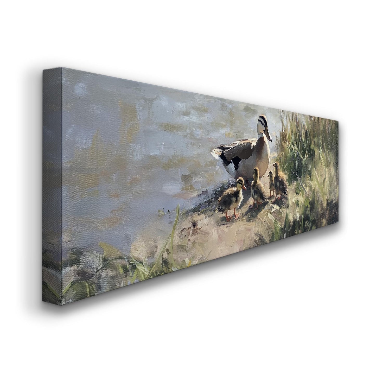 Pond Life Panoramic Ducklings in Water, Minimal Vintage Nature Canvas Print, Folk Art Printed Canvas Art