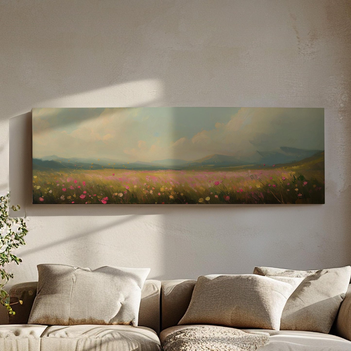 Spring Meadow in front of the Mountains Panoramic Wildflower Field, Minimal Muted Landscape Canvas, English Countryside Printed Canvas Art