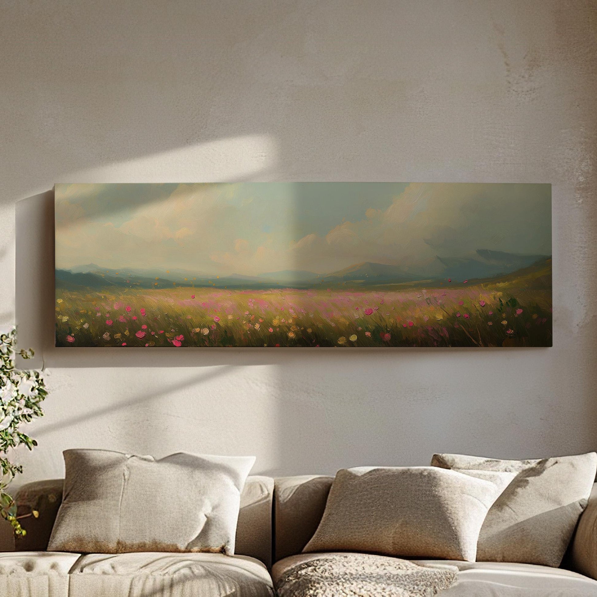 Spring Meadow in front of the Mountains Panoramic Wildflower Field, Minimal Muted Landscape Canvas, English Countryside Printed Canvas Art