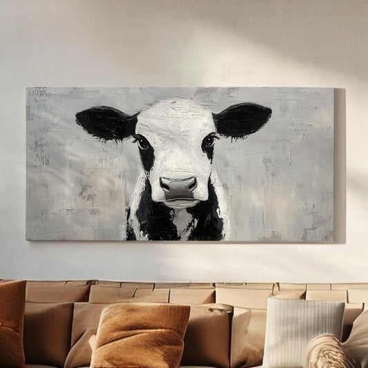 Cute Cow Portrait Lanscape Vintage Grey, 2x1 Farm Decor Canvas Print, Rural Vibes 20x60 Canvas Art