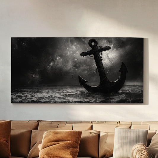 Lost Anchor At Night Lanscape Coastal Nautical, 2x1 Rustic Sea Canvas Print, Starry Sky 20x60 Canvas Art