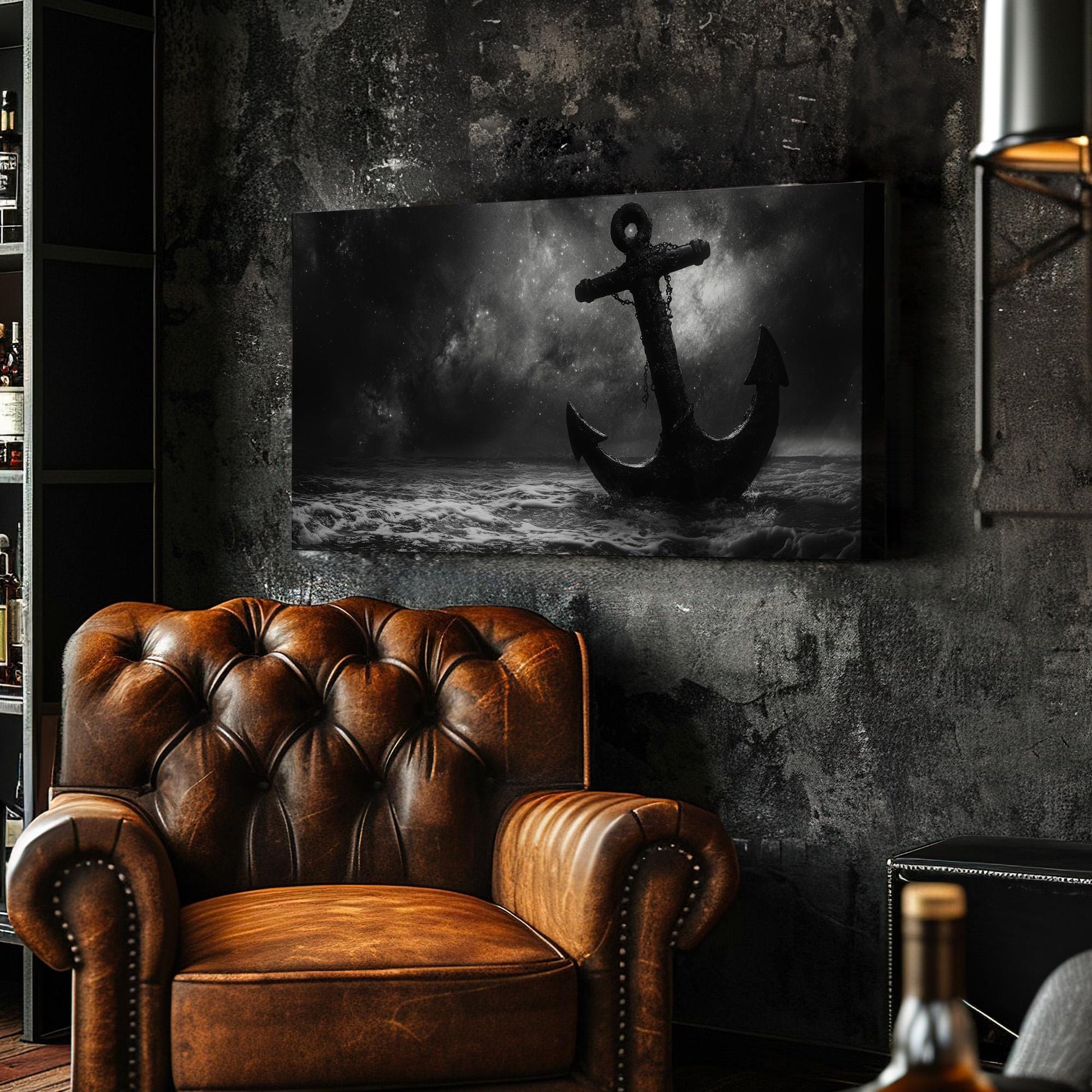 Lost Anchor At Night Lanscape Coastal Nautical, 2x1 Rustic Sea Canvas Print, Starry Sky 20x60 Canvas Art