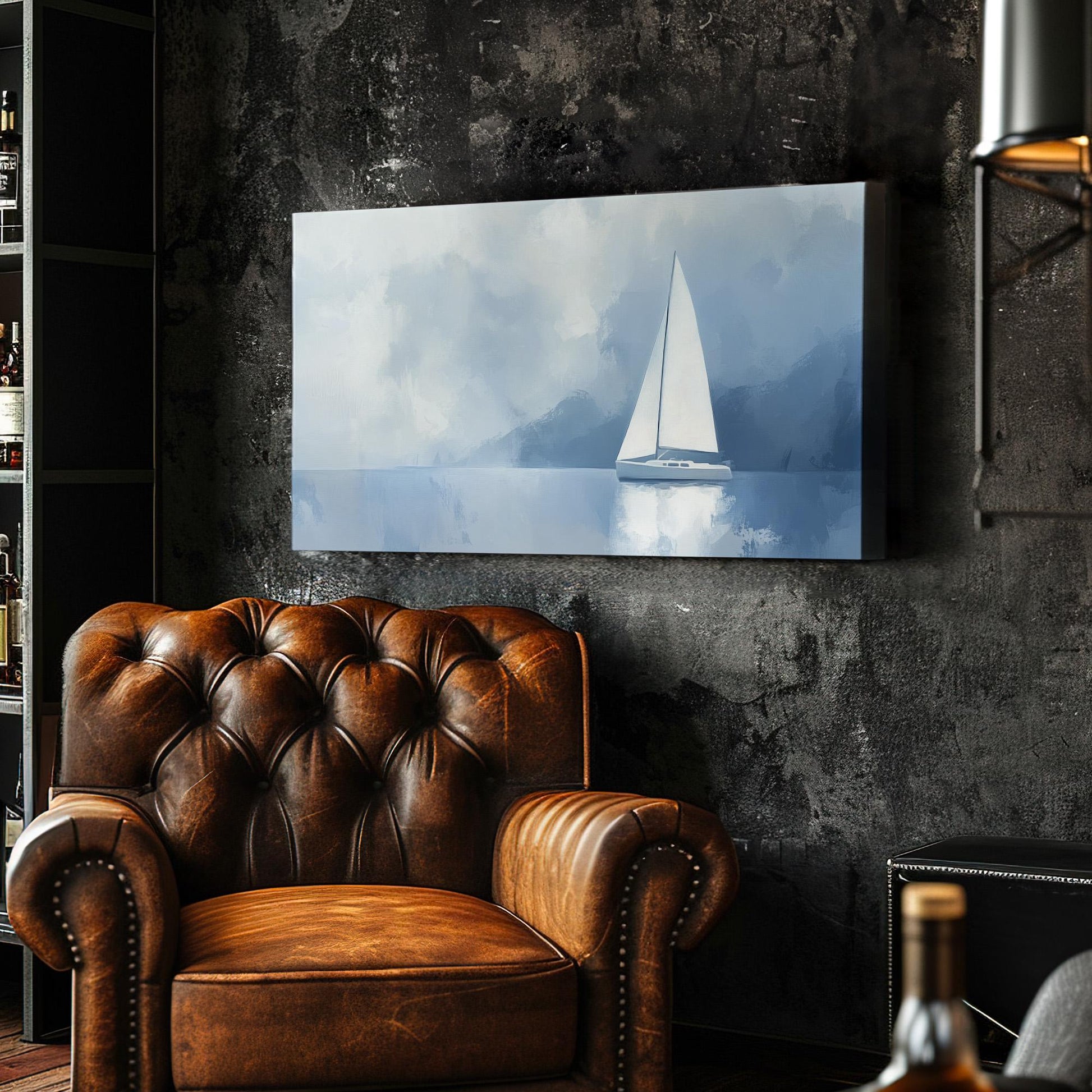 Moody Morning Sailing Lanscape Sailboat Nautical, 2x1 Rustic Sea Canvas Print, Maritime Calm 20x60 Canvas Art