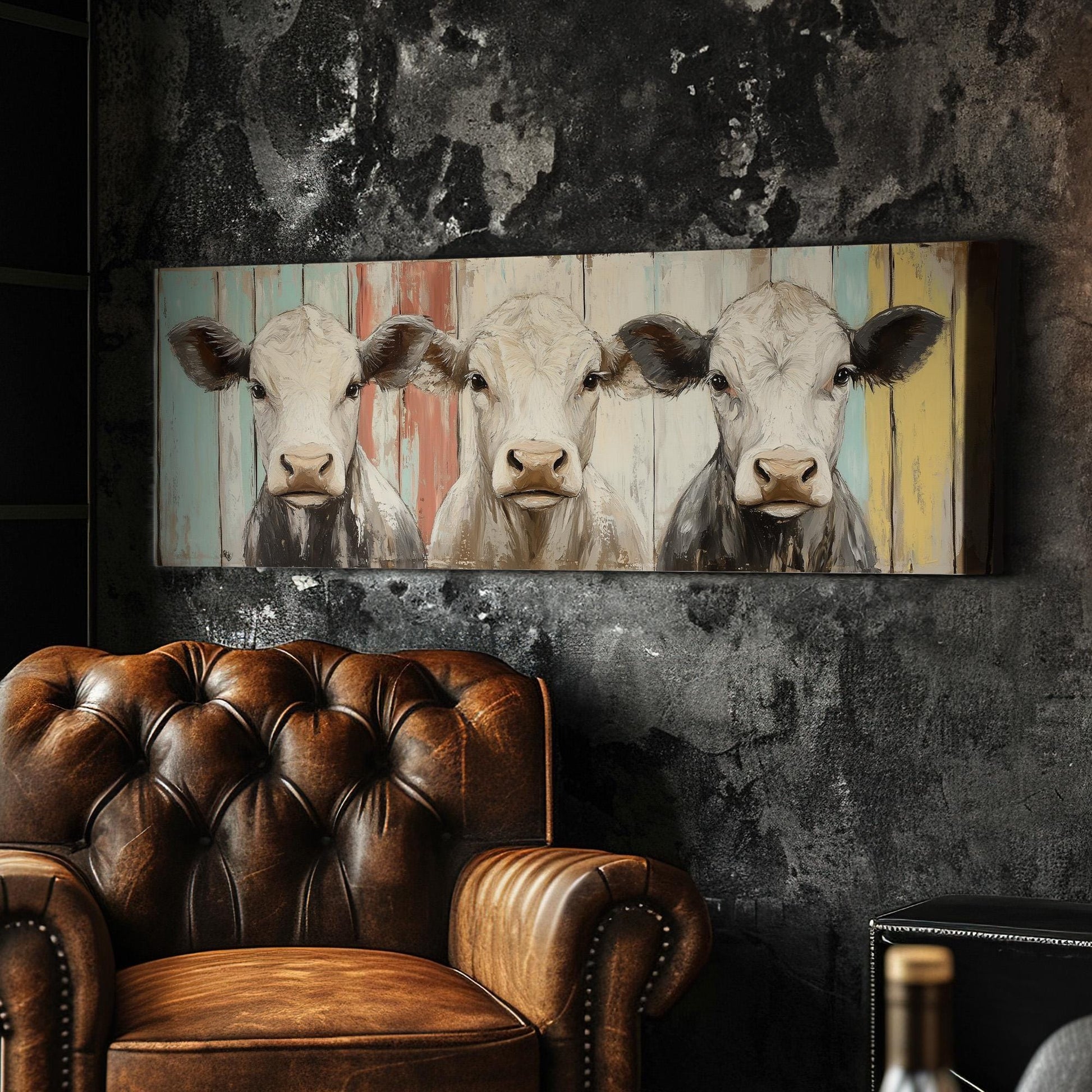 3 Cow Buddies Panoramic Wood Textured, Minimal Country Living Canvas Print, Rustic Home Printed Canvas Art