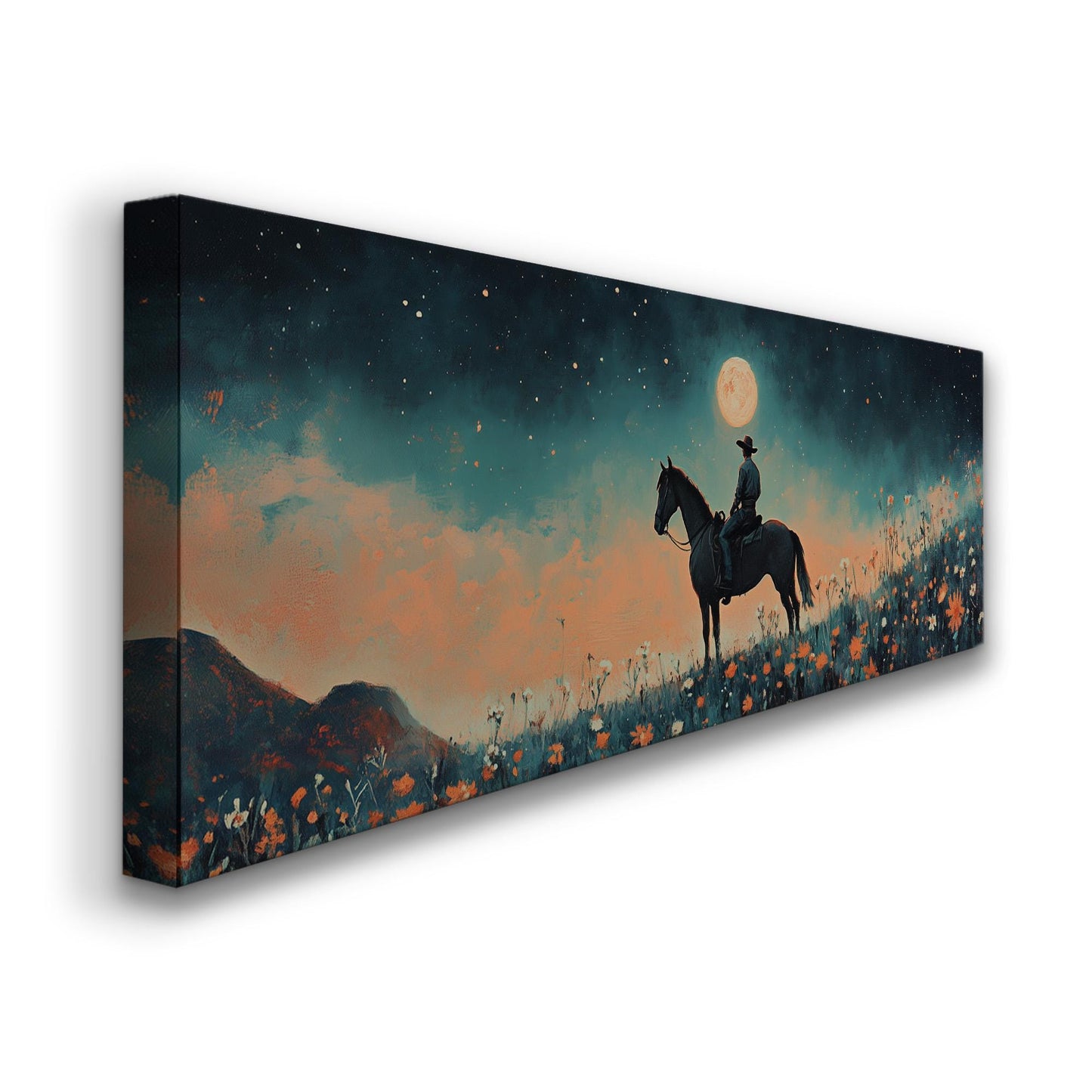 Cowboy At Full Moon Panoramic Western Country, Minimal Farmhouse Equestrian Canvas Print, Wild Riding Printed Canvas Art