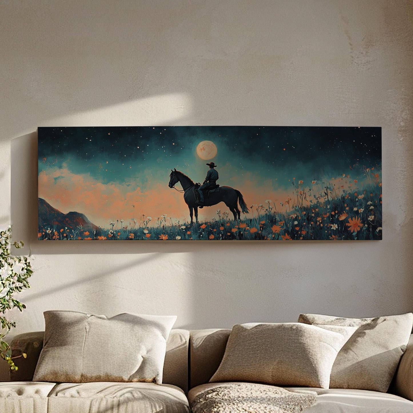 Cowboy At Full Moon Panoramic Western Country, Minimal Farmhouse Equestrian Canvas Print, Wild Riding Printed Canvas Art