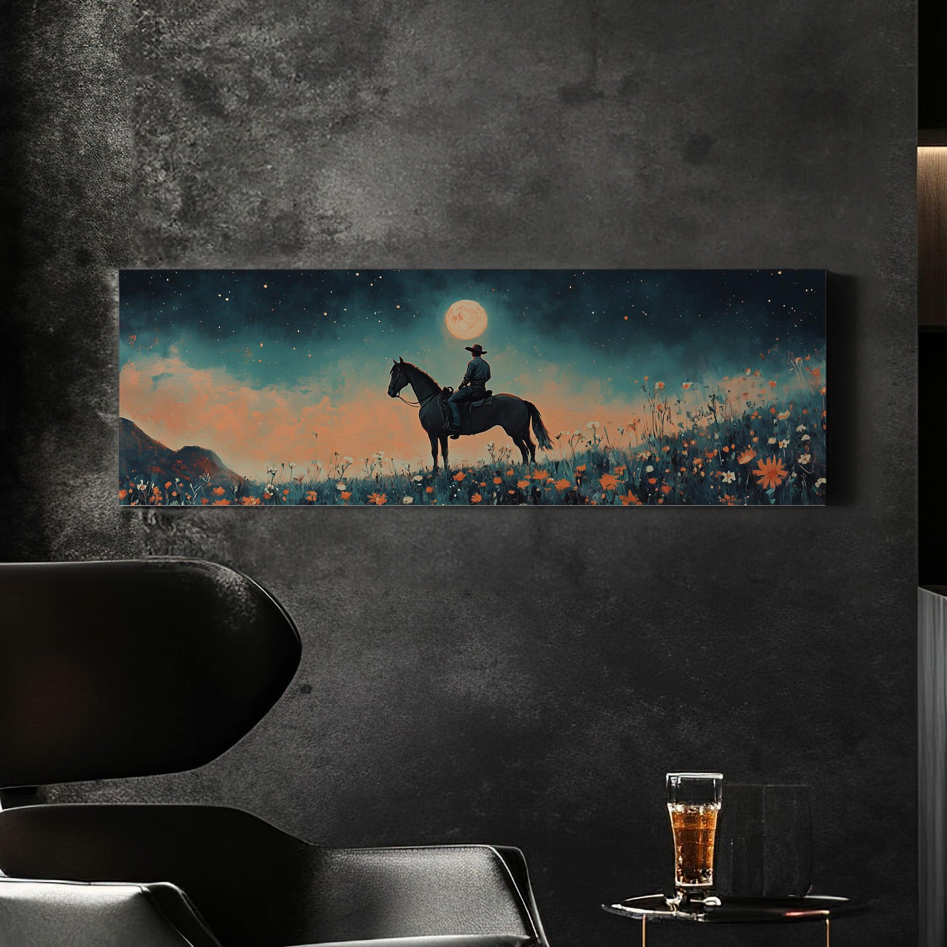 Cowboy At Full Moon Panoramic Western Country, Minimal Farmhouse Equestrian Canvas Print, Wild Riding Printed Canvas Art