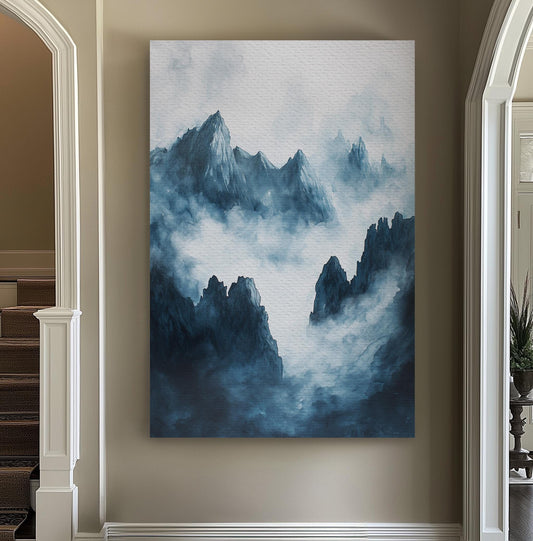 Misty Rocky Peaks Vertical Nature Calm, Vintage Rustic Serenity Canvas Print, Wilderness Beauty Printed Canvas Art