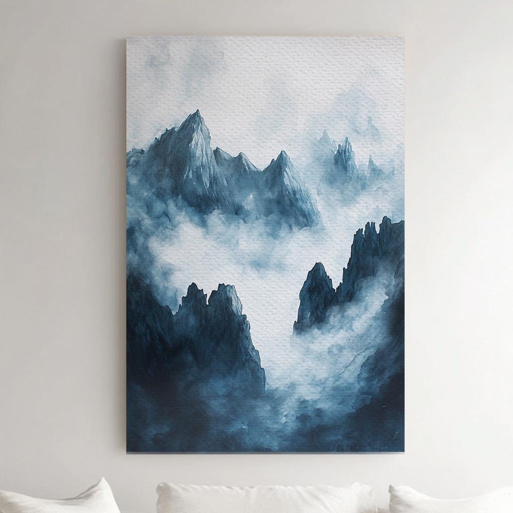 Misty Rocky Peaks Vertical Nature Calm, Vintage Rustic Serenity Canvas Print, Wilderness Beauty Printed Canvas Art