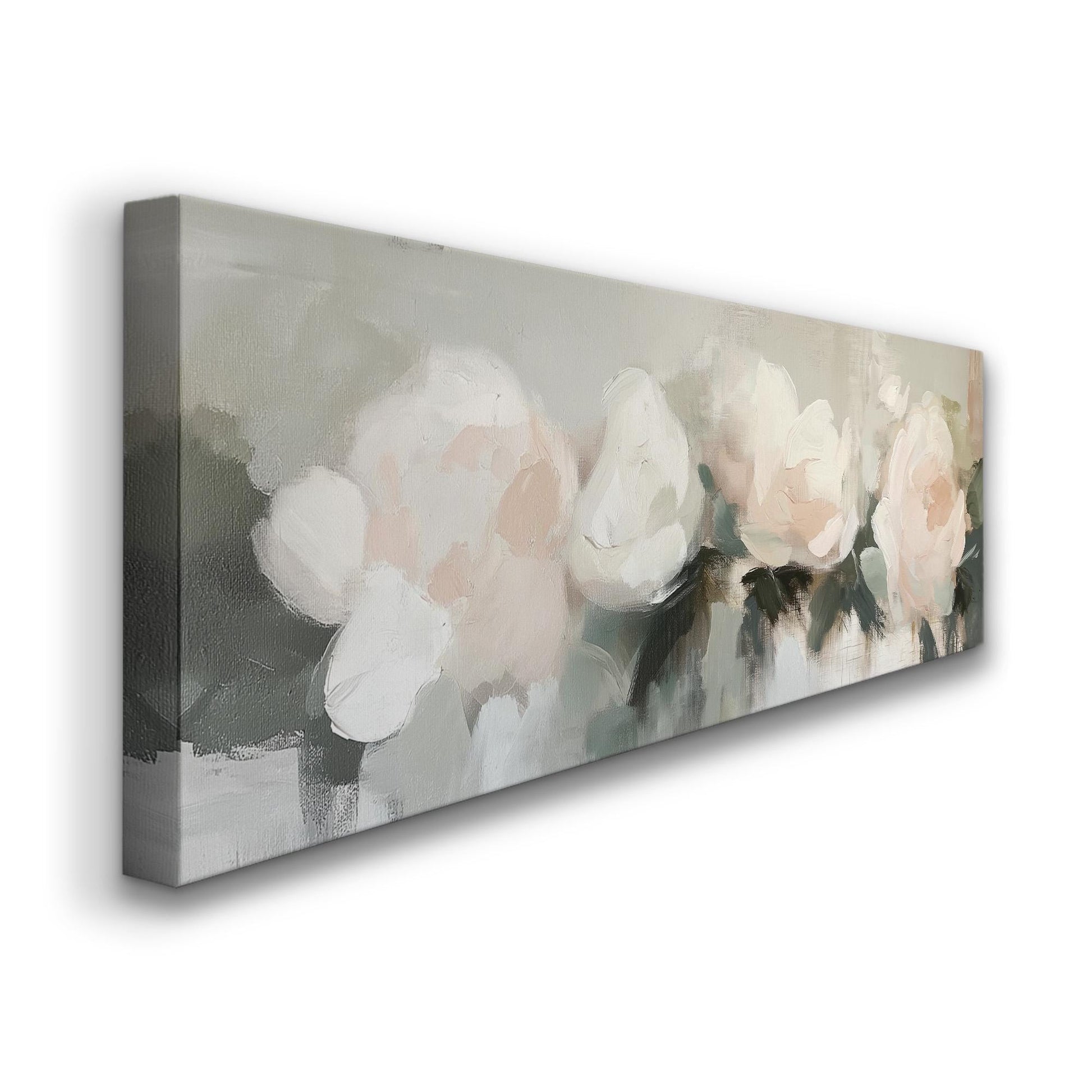 Abstract Pink Flowers Panoramic Rose Bouqet, Minimal Muted Colors Canvas Print, Spring Countryside Printed Canvas Art