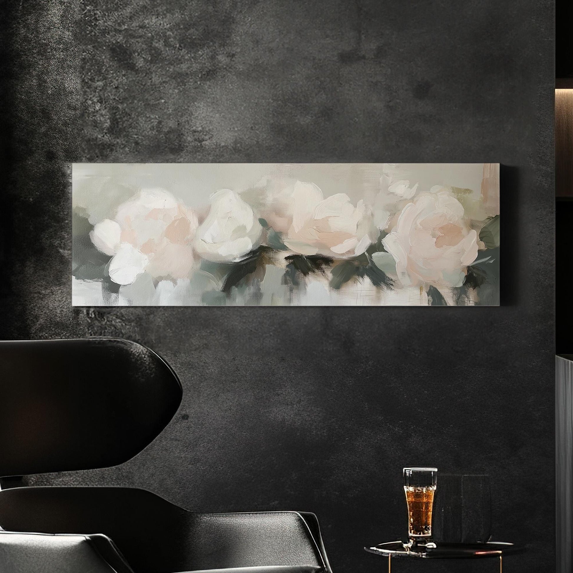 Abstract Pink Flowers Panoramic Rose Bouqet, Minimal Muted Colors Canvas Print, Spring Countryside Printed Canvas Art