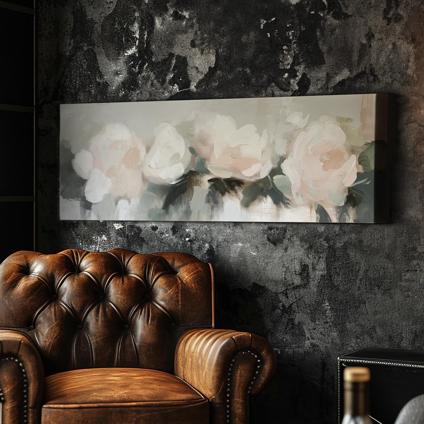 Abstract Pink Flowers Panoramic Rose Bouqet, Minimal Muted Colors Canvas Print, Spring Countryside Printed Canvas Art