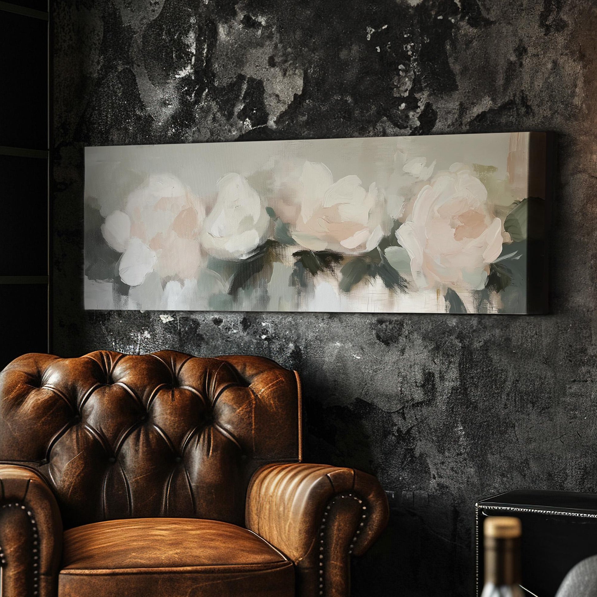 Abstract Pink Flowers Panoramic Rose Bouqet, Minimal Muted Colors Canvas Print, Spring Countryside Printed Canvas Art