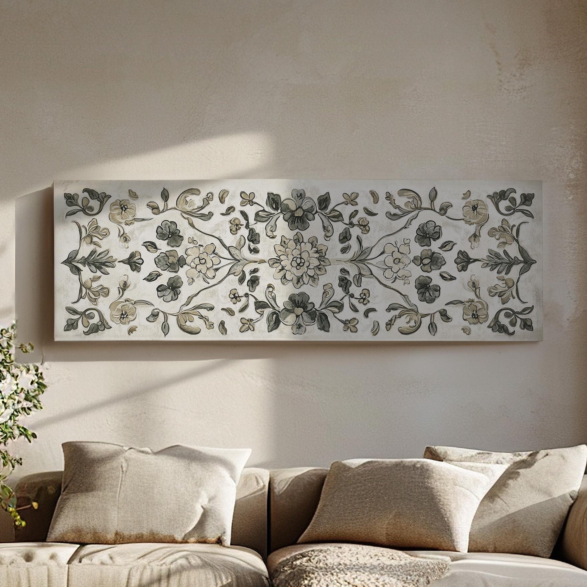 Antique European Floral Tapestry Panoramic Vintage Textile, Minimal Neutral Taperstry Canvas Print, Chrysanthemum Printed Canvas Art