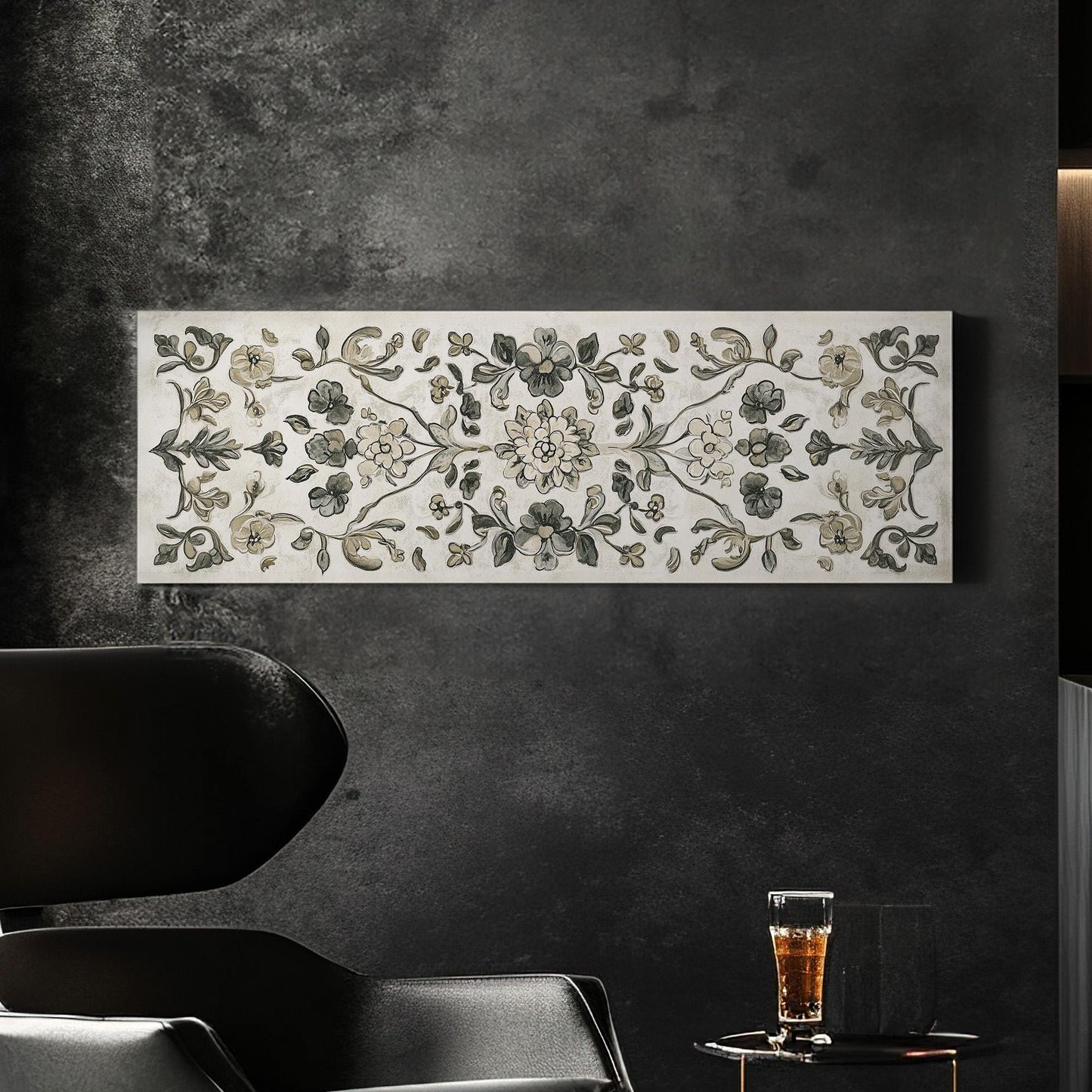 Antique European Floral Tapestry Panoramic Vintage Textile, Minimal Neutral Taperstry Canvas Print, Chrysanthemum Printed Canvas Art