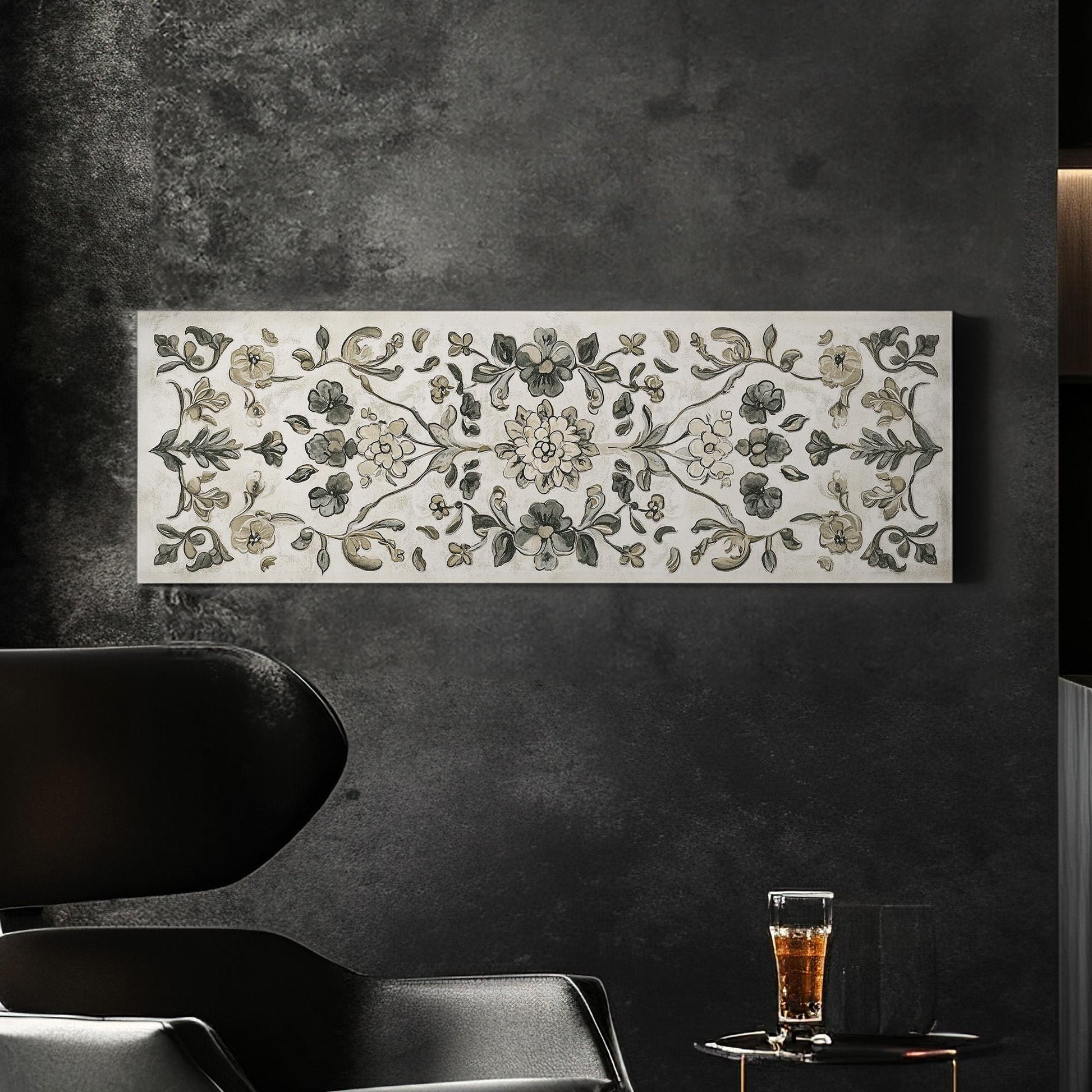 Antique European Floral Tapestry Panoramic Vintage Textile, Minimal Neutral Taperstry Canvas Print, Chrysanthemum Printed Canvas Art