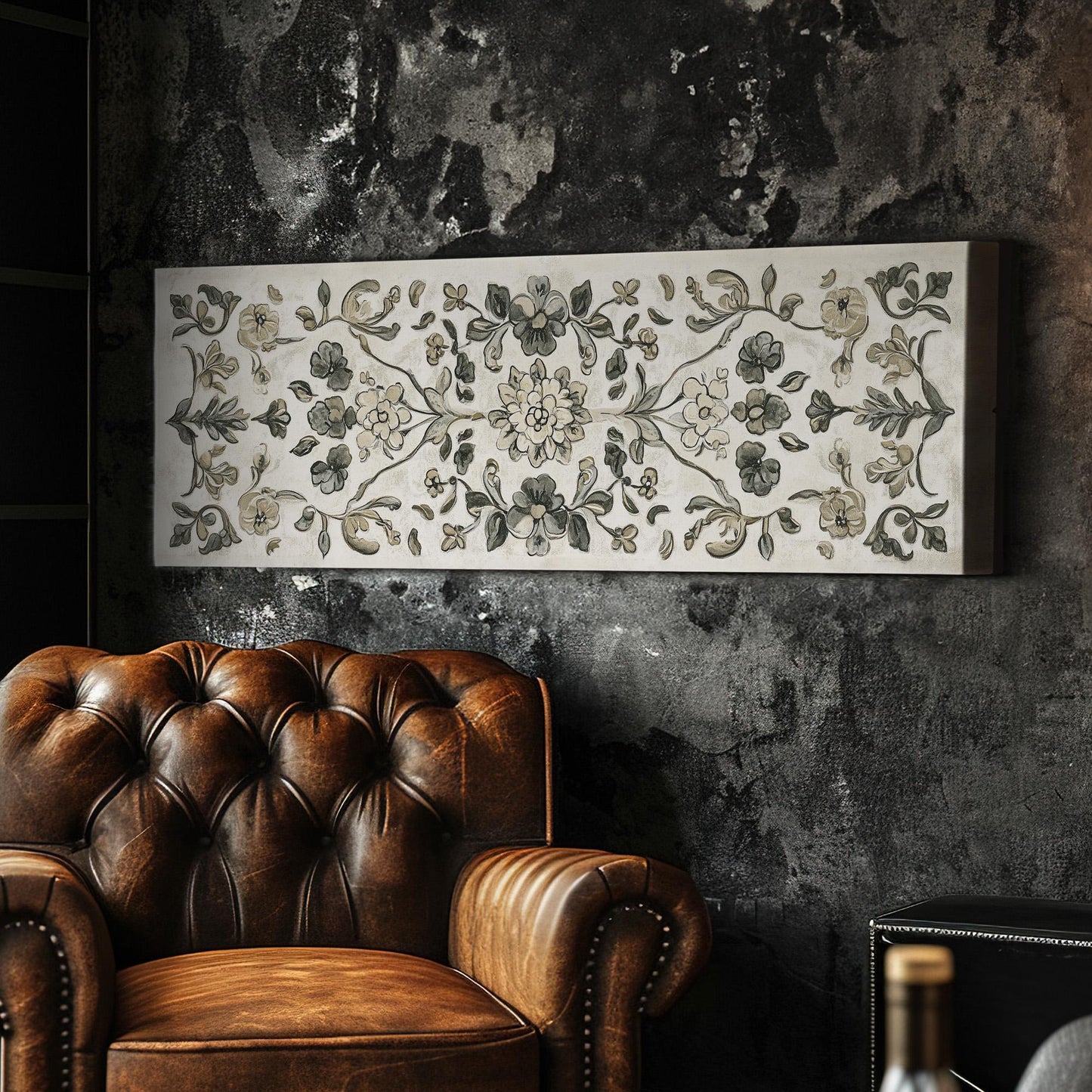 Antique European Floral Tapestry Panoramic Vintage Textile, Minimal Neutral Taperstry Canvas Print, Chrysanthemum Printed Canvas Art