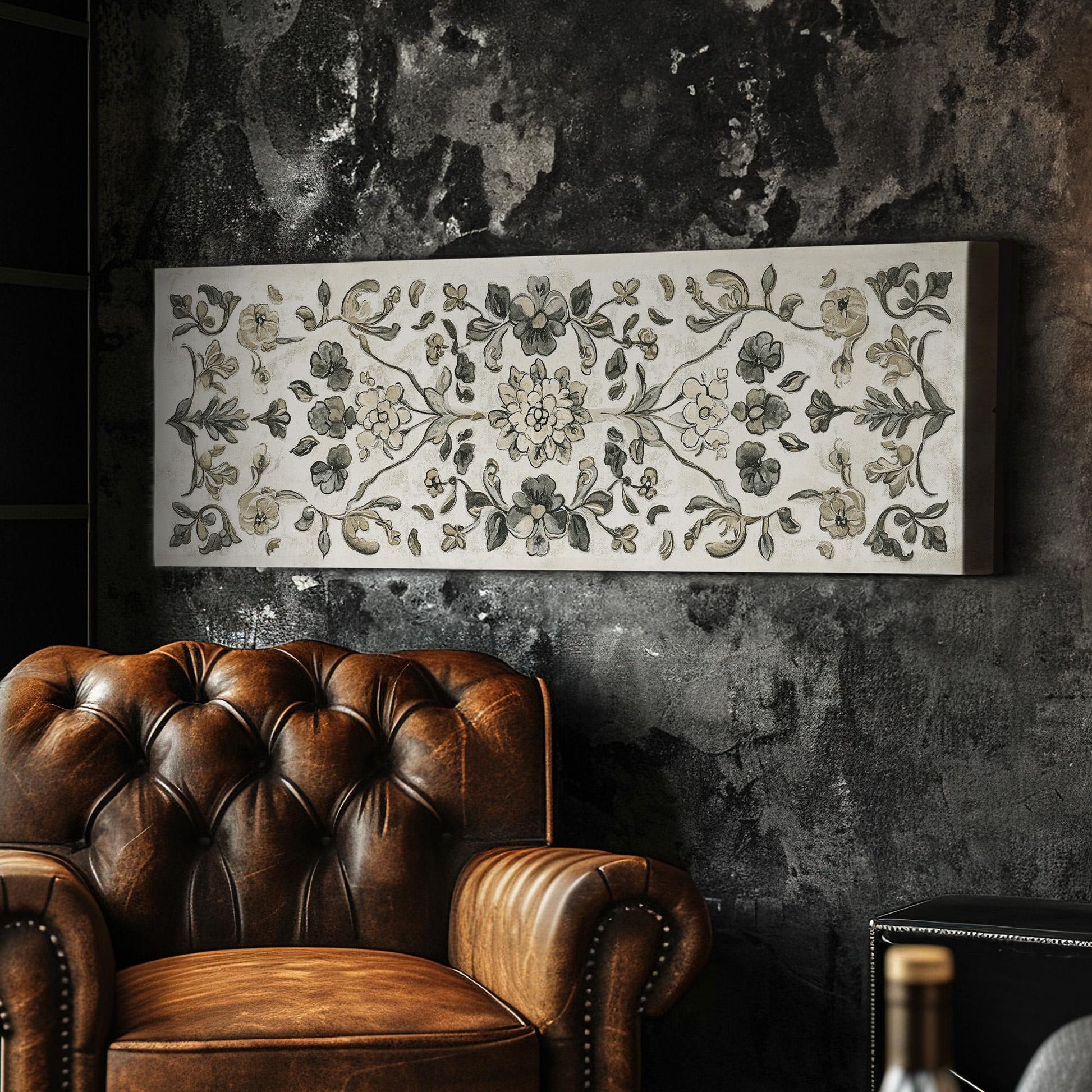Antique European Floral Tapestry Panoramic Vintage Textile, Minimal Neutral Taperstry Canvas Print, Chrysanthemum Printed Canvas Art