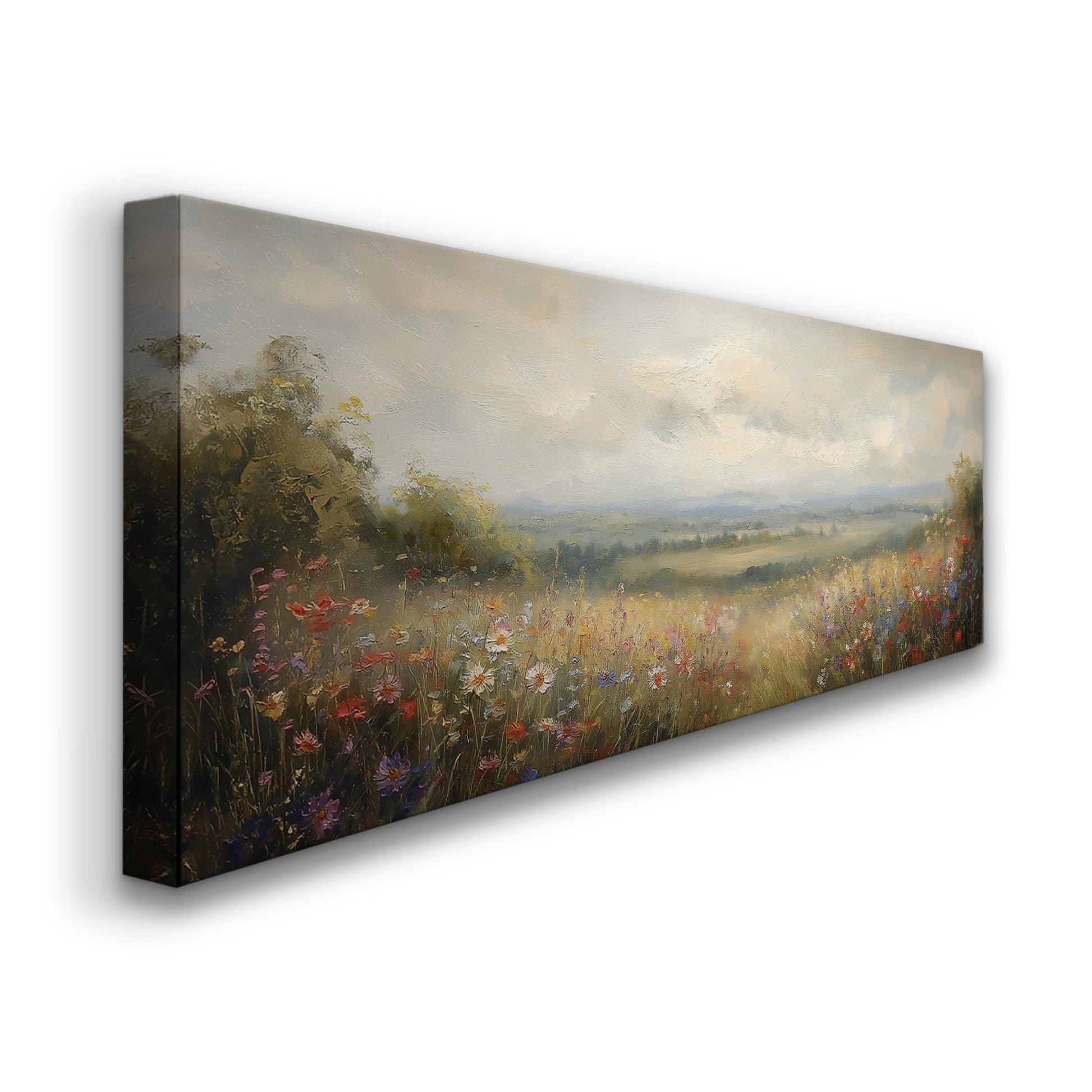 Colorful Flowers Spring Meadow Panoramic Wildflower Field, Minimal Muted Landscape Canvas Print, English Countryside Printed Canvas Art