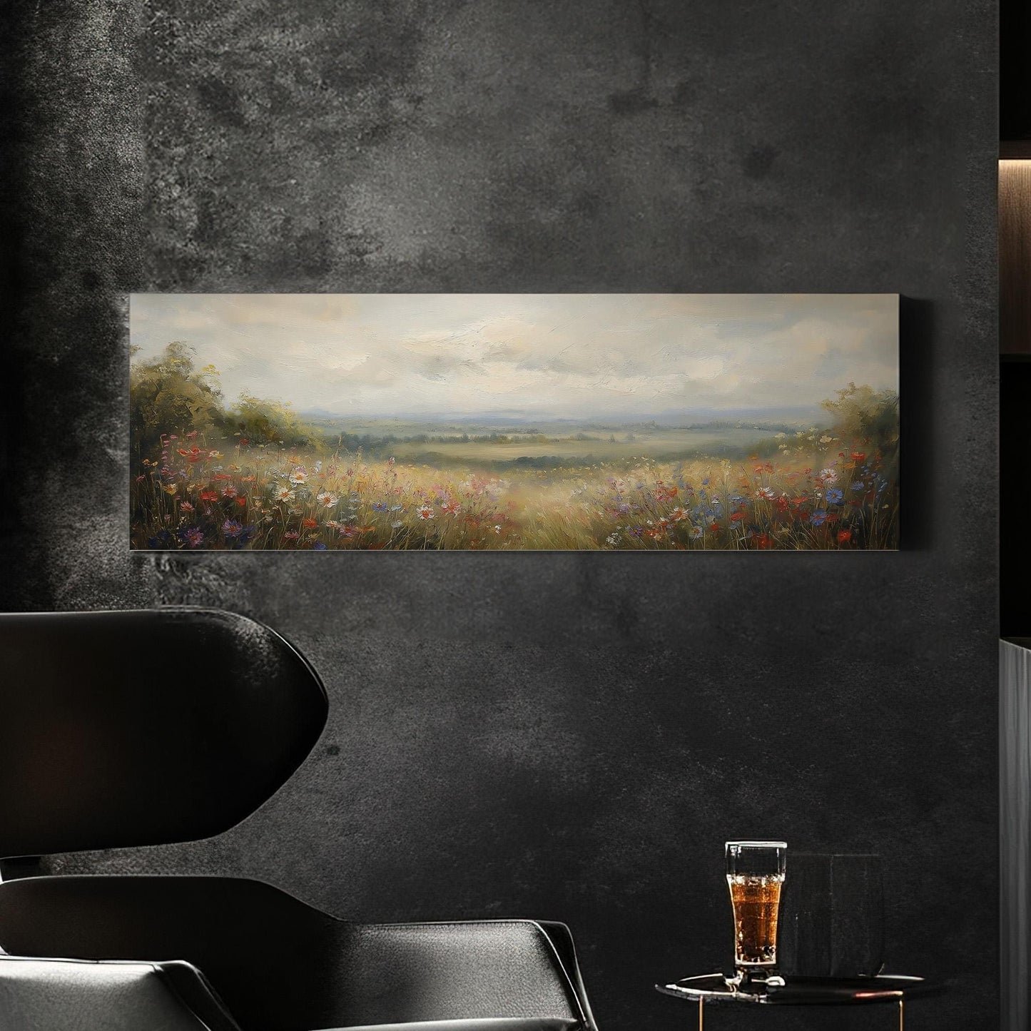 Colorful Flowers Spring Meadow Panoramic Wildflower Field, Minimal Muted Landscape Canvas Print, English Countryside Printed Canvas Art
