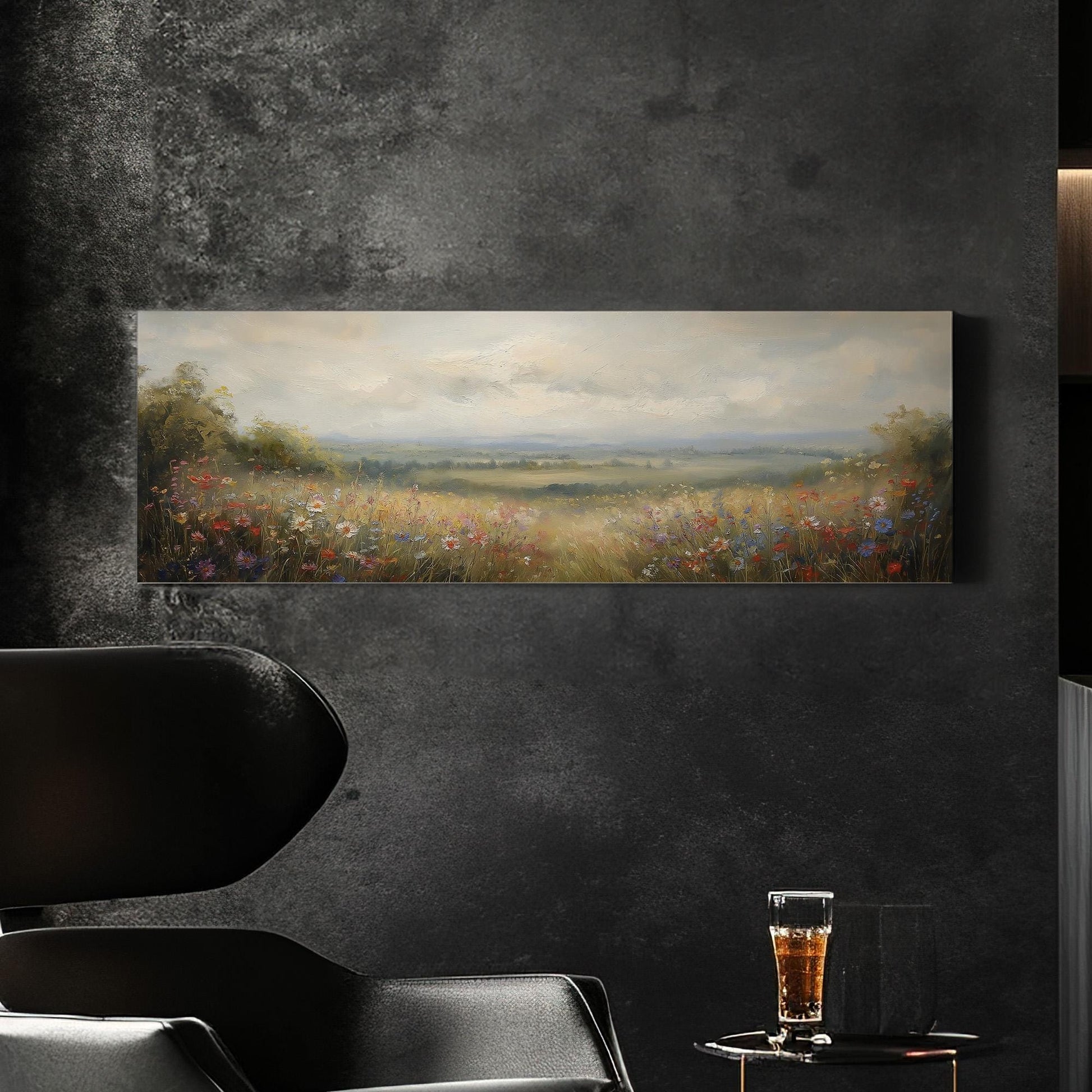 Colorful Flowers Spring Meadow Panoramic Wildflower Field, Minimal Muted Landscape Canvas Print, English Countryside Printed Canvas Art
