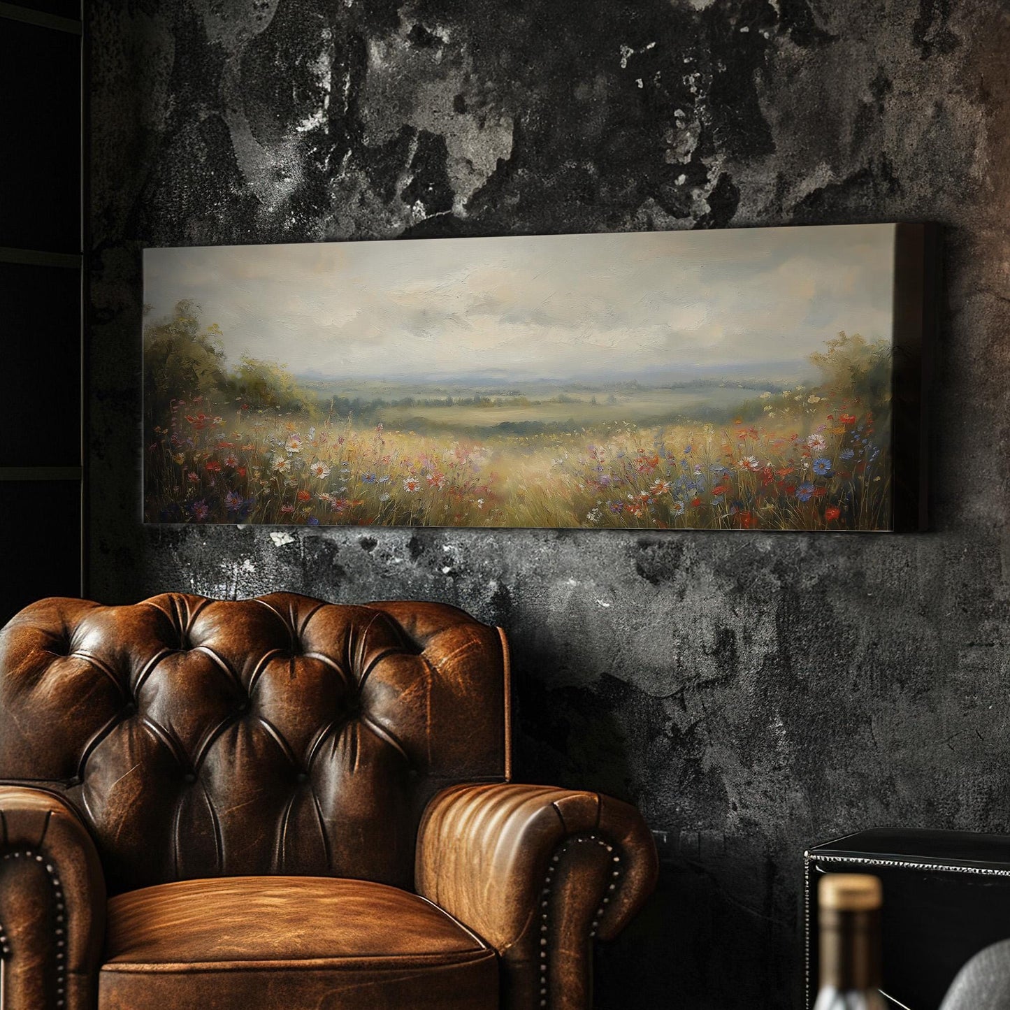 Colorful Flowers Spring Meadow Panoramic Wildflower Field, Minimal Muted Landscape Canvas Print, English Countryside Printed Canvas Art