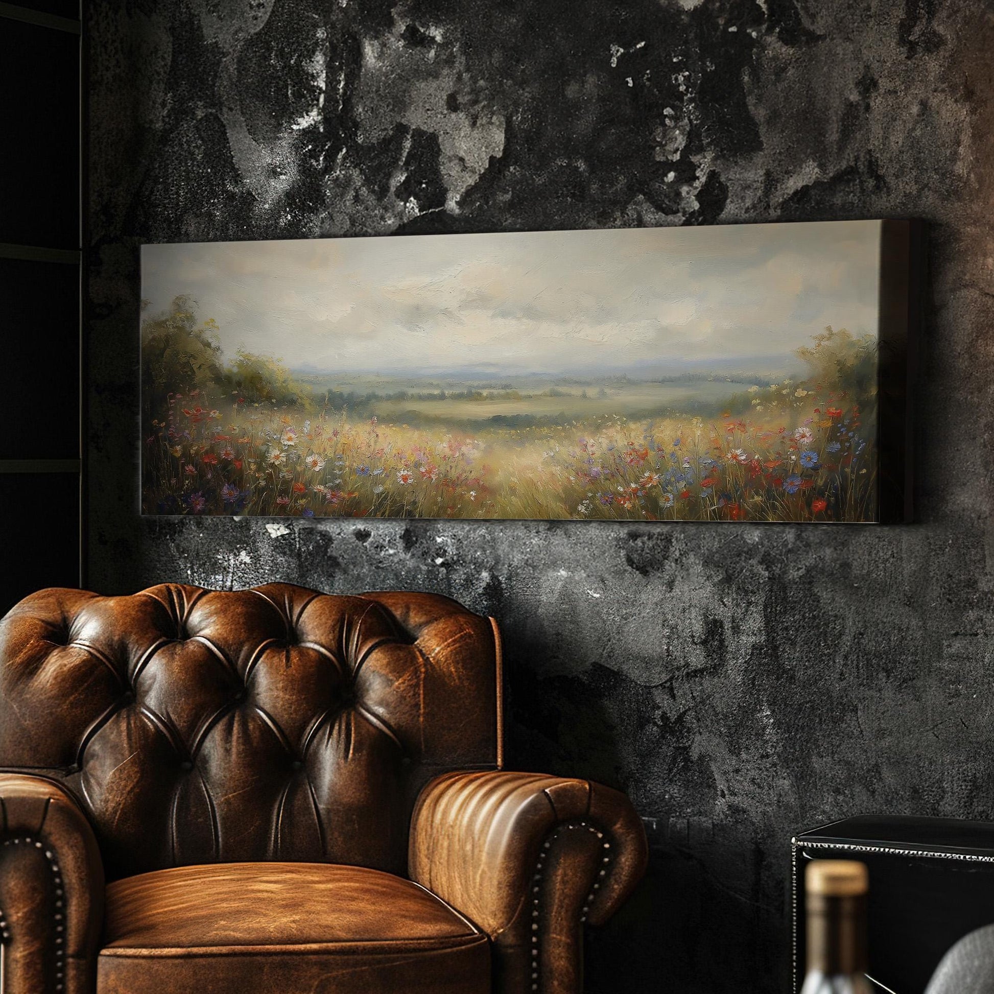Colorful Flowers Spring Meadow Panoramic Wildflower Field, Minimal Muted Landscape Canvas Print, English Countryside Printed Canvas Art