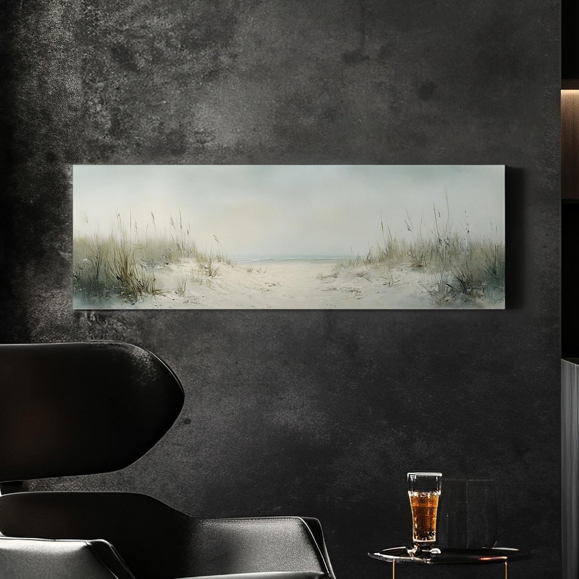 Dunes on the Muted Beach Panoramic Sandy Shore, Minimal Nautical Art Canvas Print, Coastal Sunset Printed Canvas Art