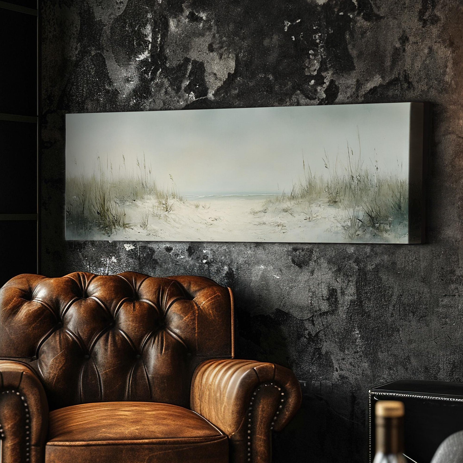 Dunes on the Muted Beach Panoramic Sandy Shore, Minimal Nautical Art Canvas Print, Coastal Sunset Printed Canvas Art