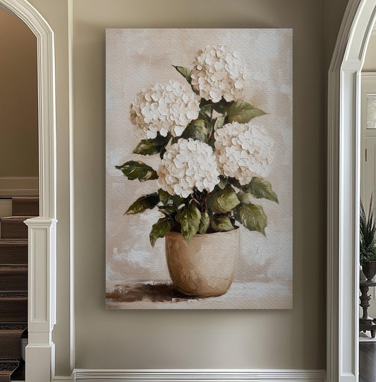 Rustic White Hydrangeas Vertical Floral Still Life, Vintage Neutral Tones Canvas Print, Abstract Flower Printed Canvas Art