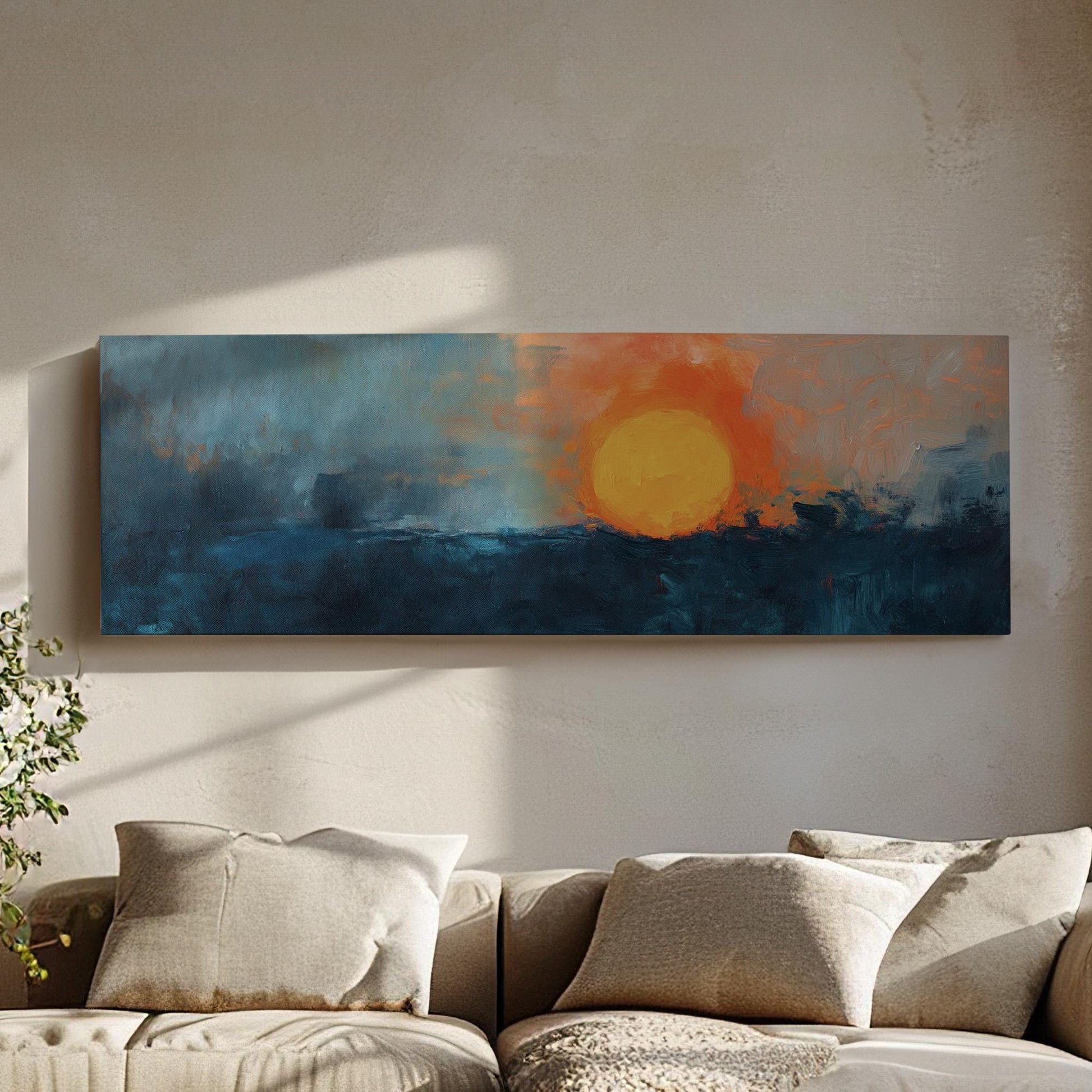 Abstract Sunset At The Sea Panoramic Cold Hues, Minimal Moody Farmhouse Canvas Print, Minimal Printed Canvas Art