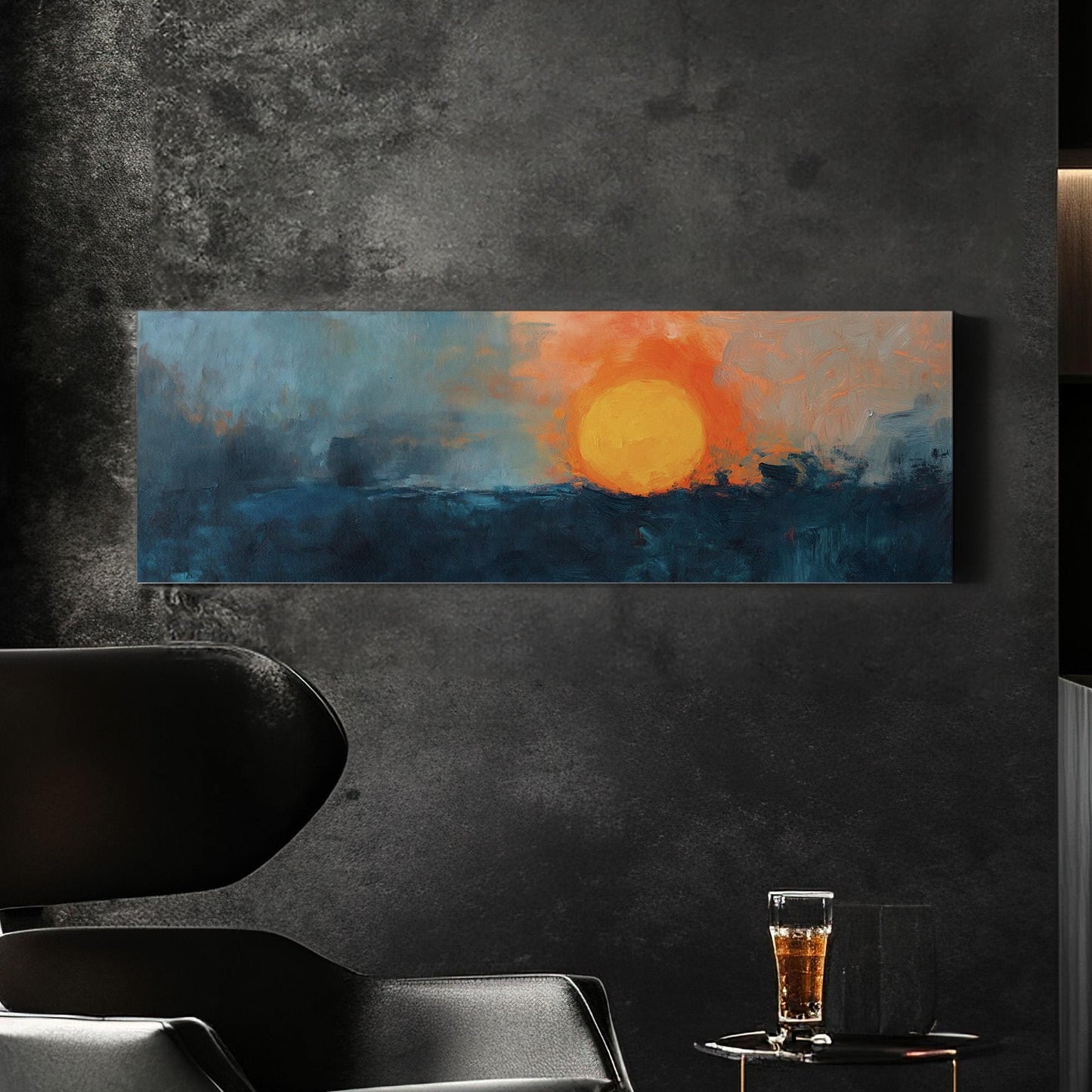 Abstract Sunset At The Sea Panoramic Cold Hues, Minimal Moody Farmhouse Canvas Print, Minimal Printed Canvas Art