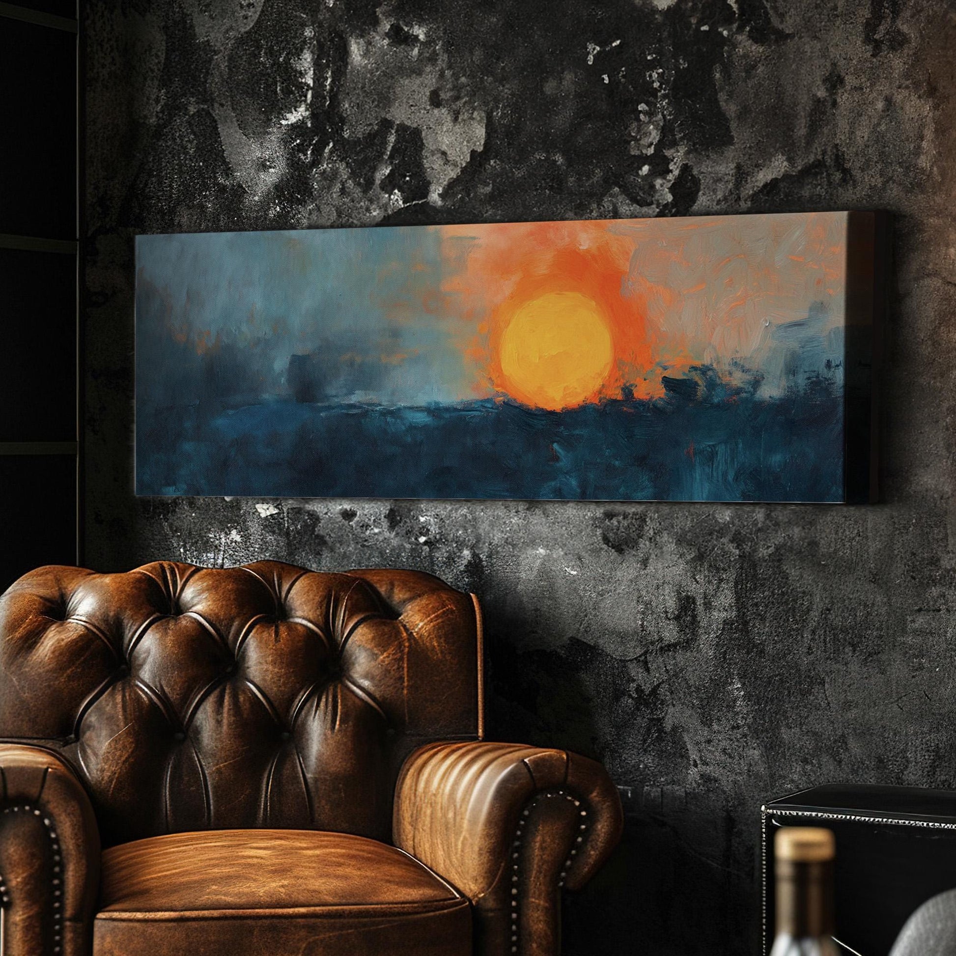 Abstract Sunset At The Sea Panoramic Cold Hues, Minimal Moody Farmhouse Canvas Print, Minimal Printed Canvas Art