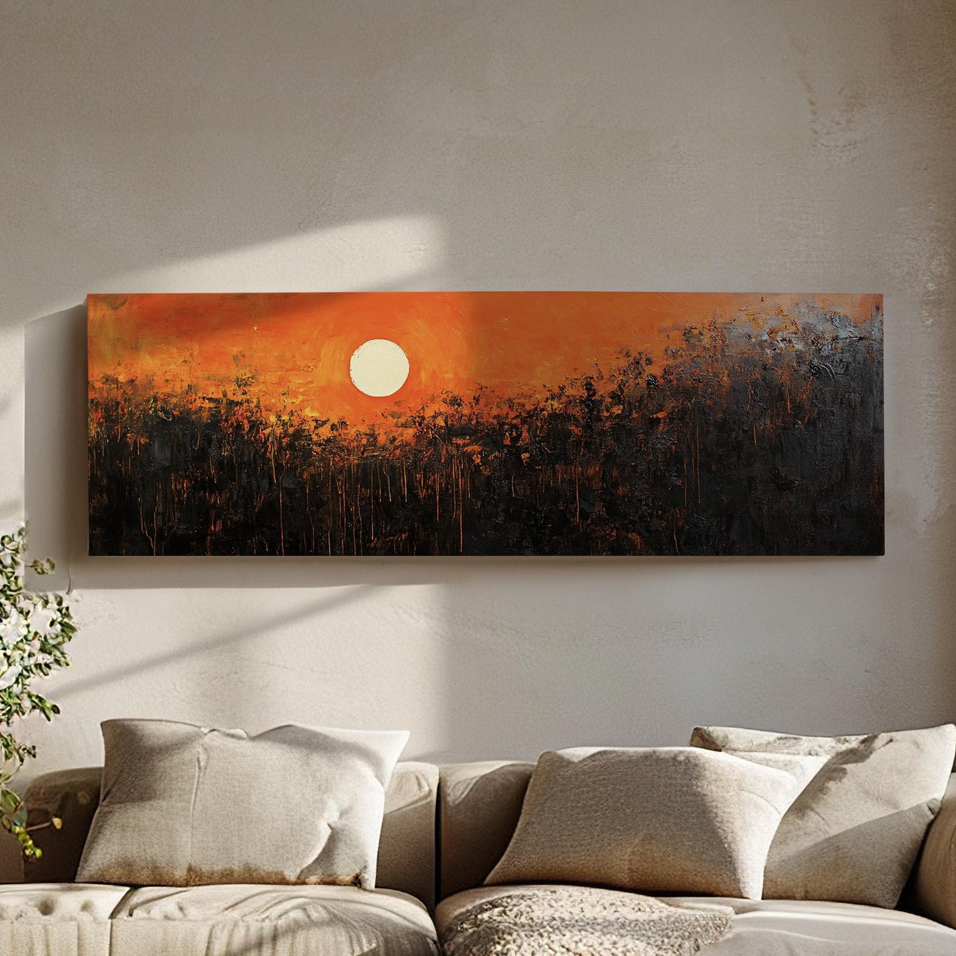 Abstract Sunset In the Forest Panoramic Warm Hues, Minimal Moody Farmhouse Canvas Print, Minimal Printed Canvas Art