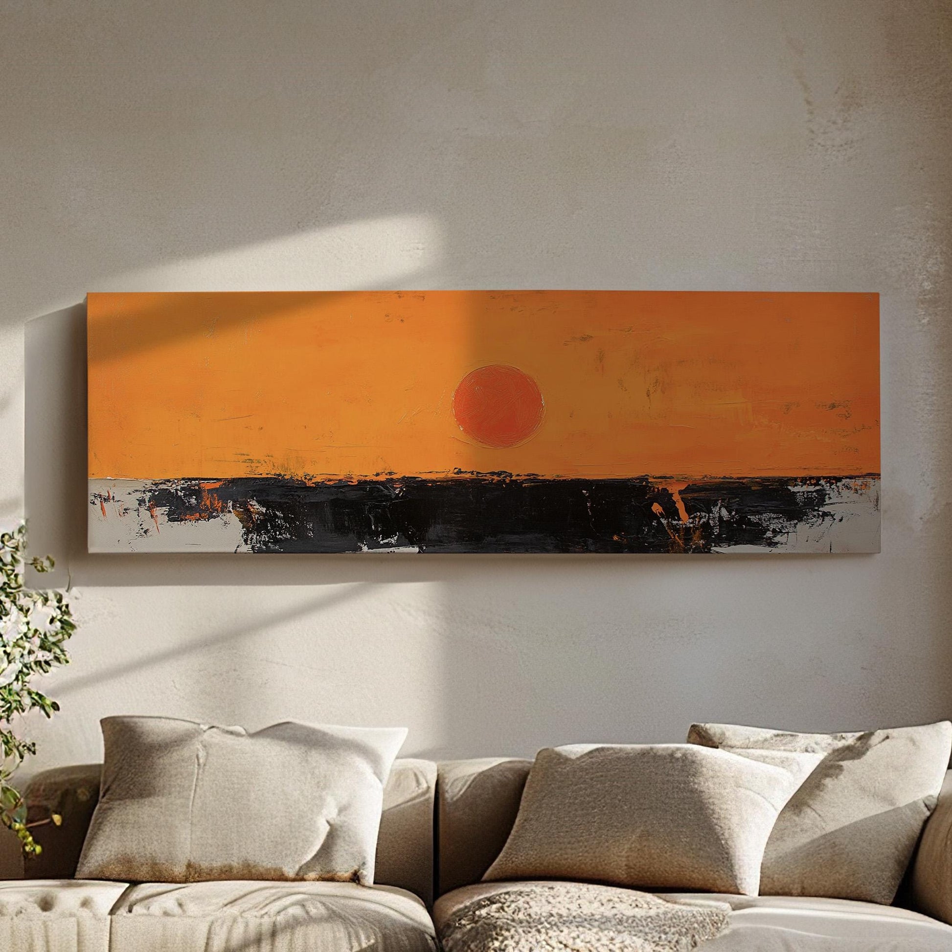 Abstract Sunset Panoramic Warm Hues, Minimal Moody Farmhouse Canvas Print, Dark Lake Printed Canvas Art