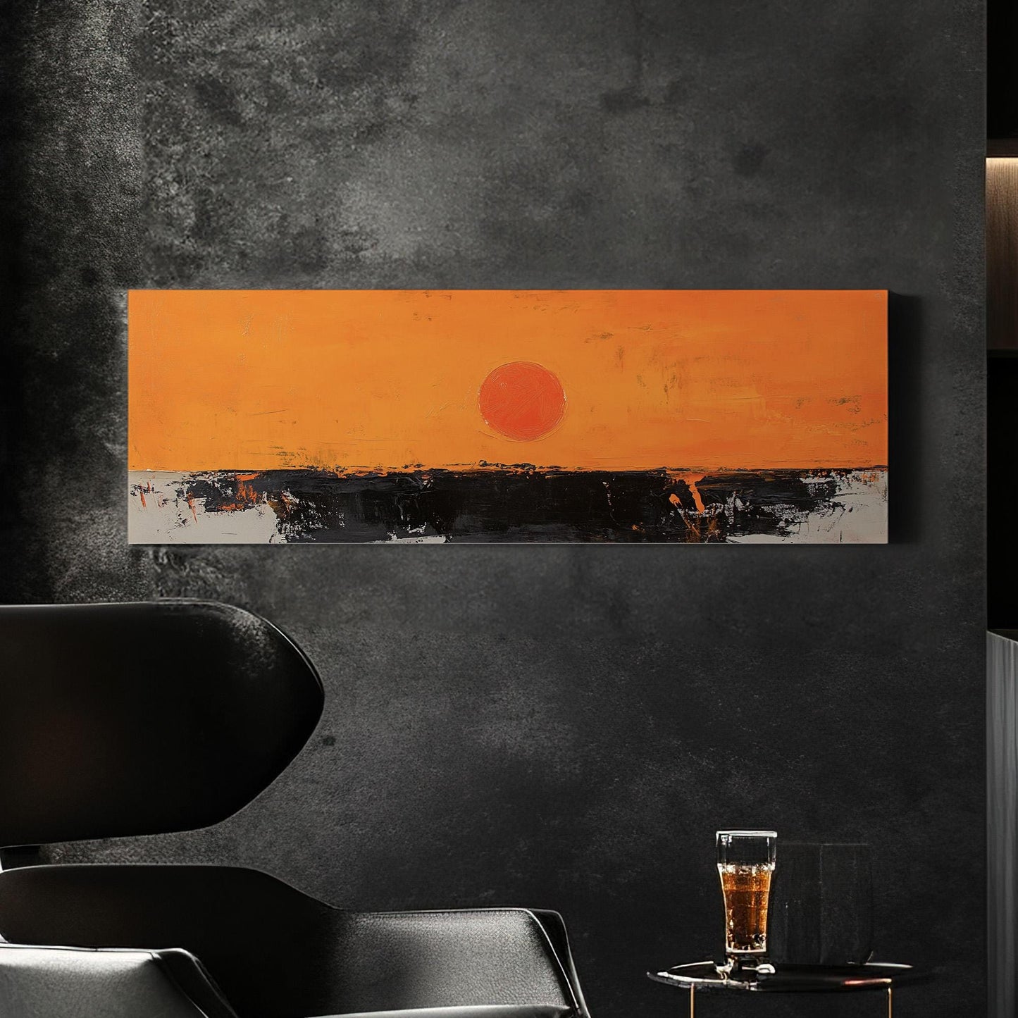 Abstract Sunset Panoramic Warm Hues, Minimal Moody Farmhouse Canvas Print, Dark Lake Printed Canvas Art