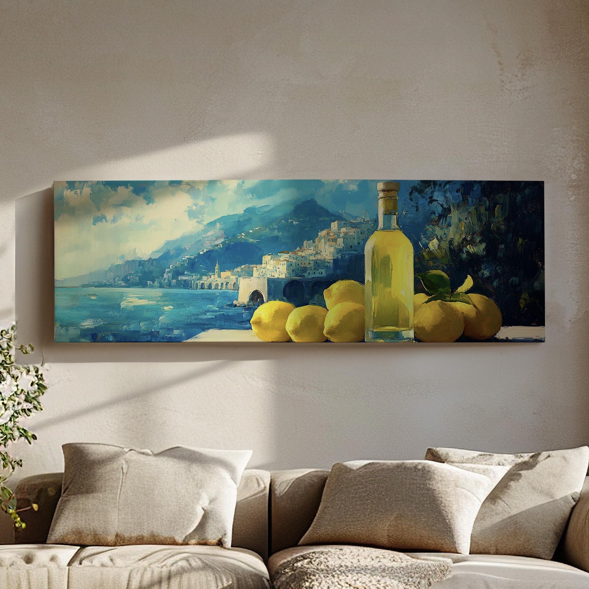 Amalfi Coast Limoncello Panoramic Farmhouse Kitchen, Minimal Citrus Colors Canvas Print, Lemon Printed Canvas Art