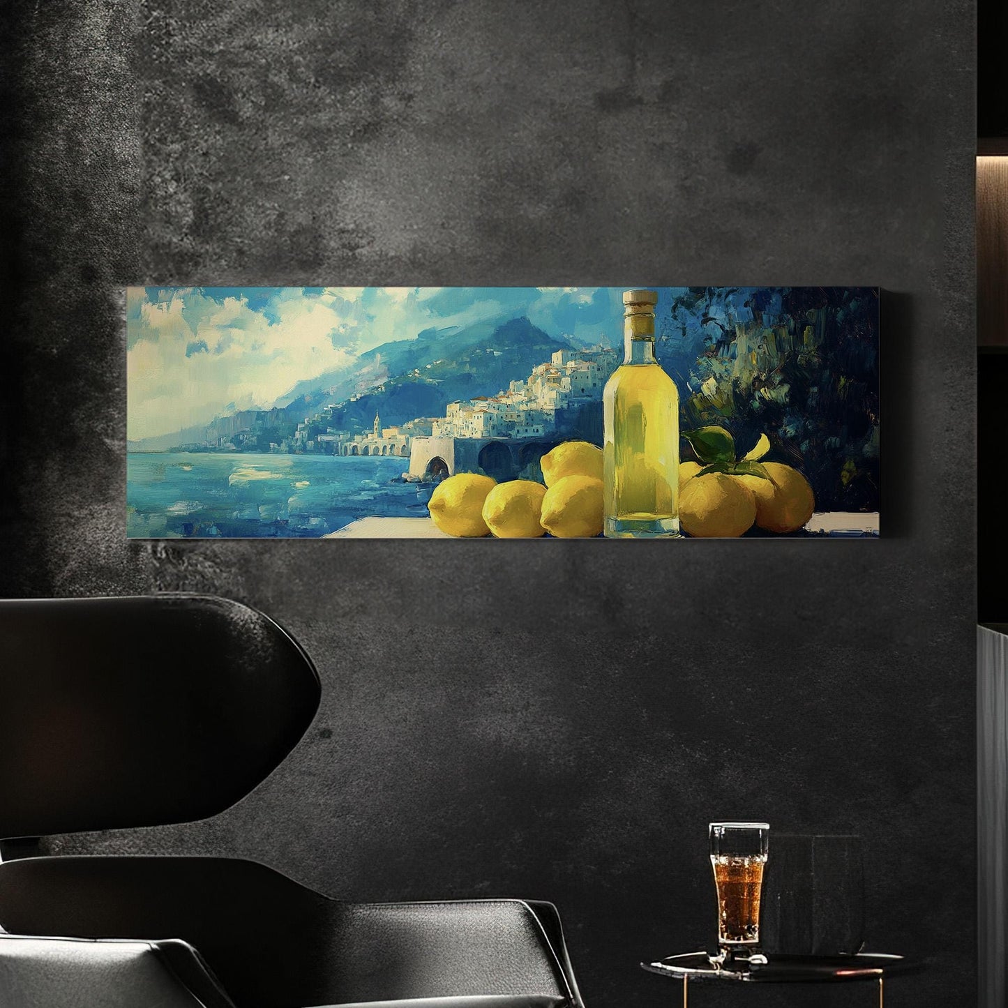 Amalfi Coast Limoncello Panoramic Farmhouse Kitchen, Minimal Citrus Colors Canvas Print, Lemon Printed Canvas Art