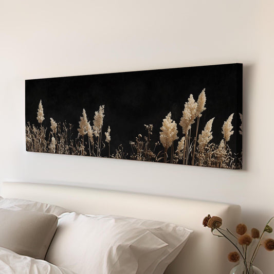 Dark Moody Pampas Grass Panoramic Monochrome Floral, Minimal Scandinavian Canvas Print, Cottagecore Printed Canvas Art
