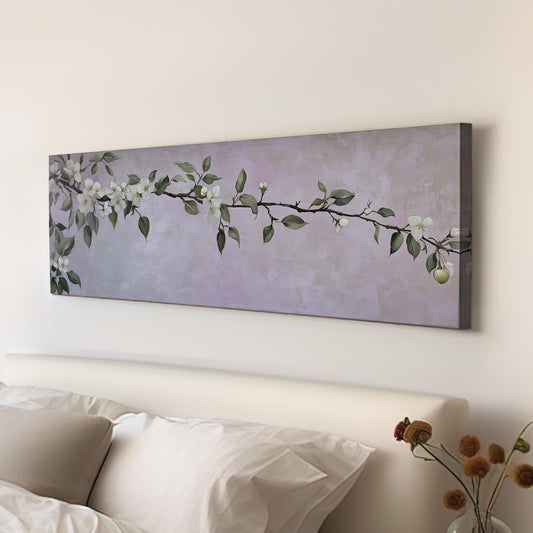 Spring Apple Blossom Branch Panoramic Purple Lights, Minimal Farmhouse Country Canvas Print, Nature Bloom Printed Canvas Art