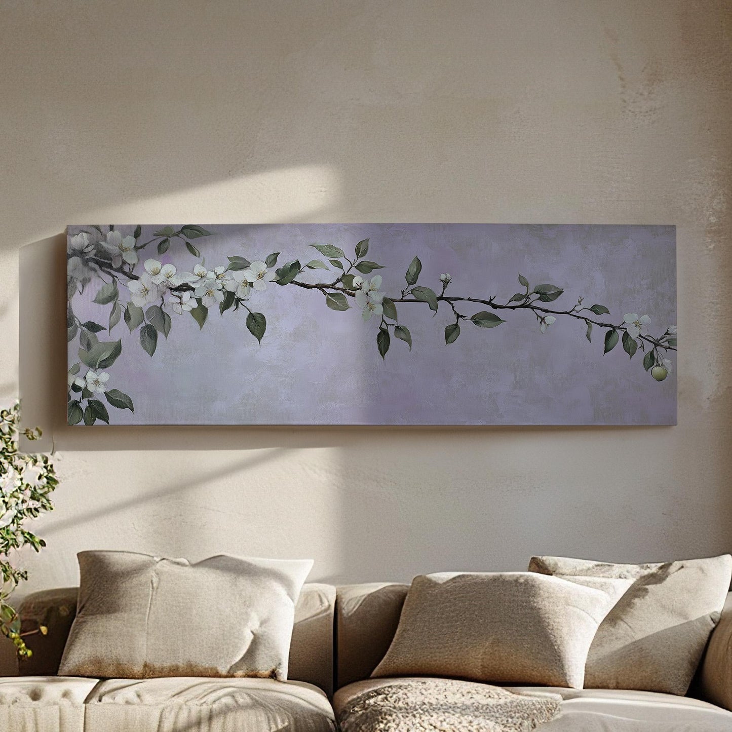 Spring Apple Blossom Branch Panoramic Purple Lights, Minimal Farmhouse Country Canvas Print, Nature Bloom Printed Canvas Art