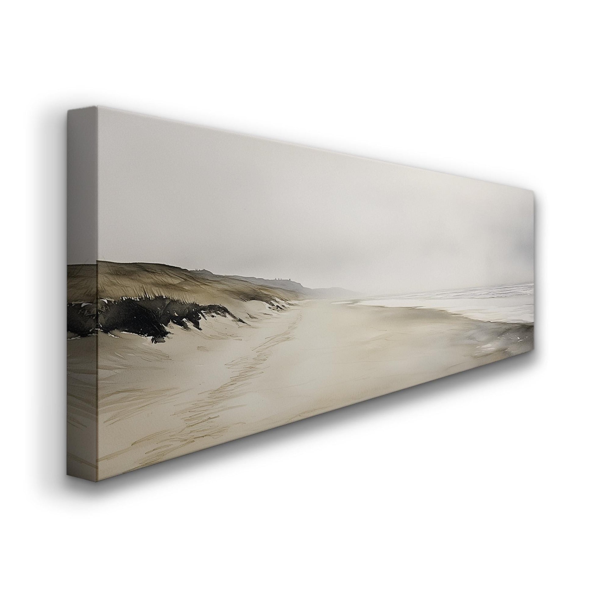 Empty Shore Panoramic Muted Beach, Minimal Nautical Art Canvas Print, Coastal Sunset Printed Canvas Art