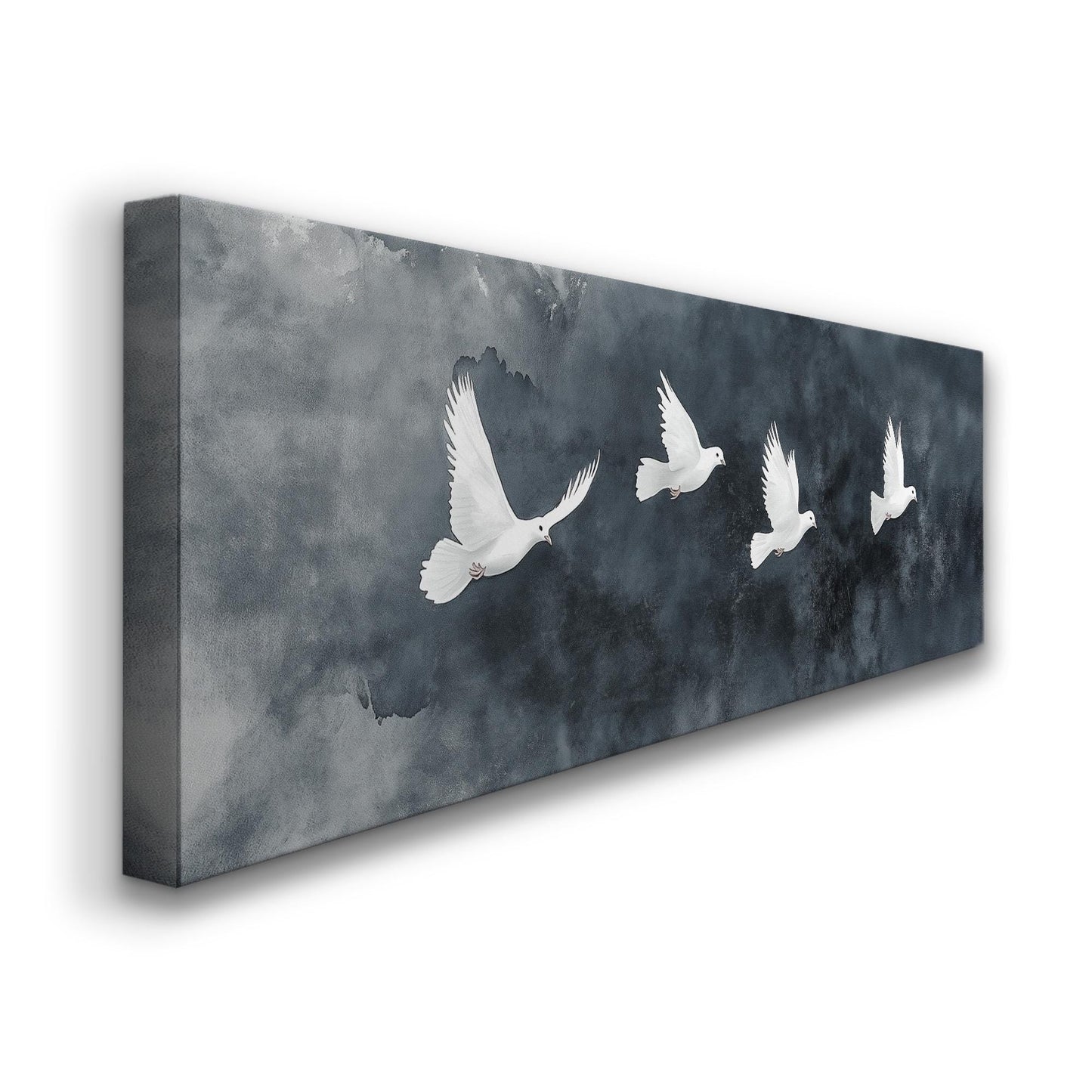 Flock of White Doves Panoramic Peaceful Night, Minimal Flying Bird Canvas Print, The long Travel Printed Canvas Art