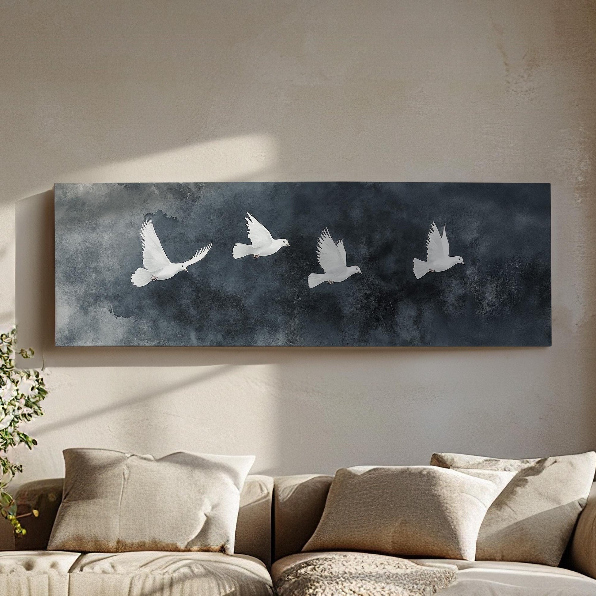 Flock of White Doves Panoramic Peaceful Night, Minimal Flying Bird Canvas Print, The long Travel Printed Canvas Art