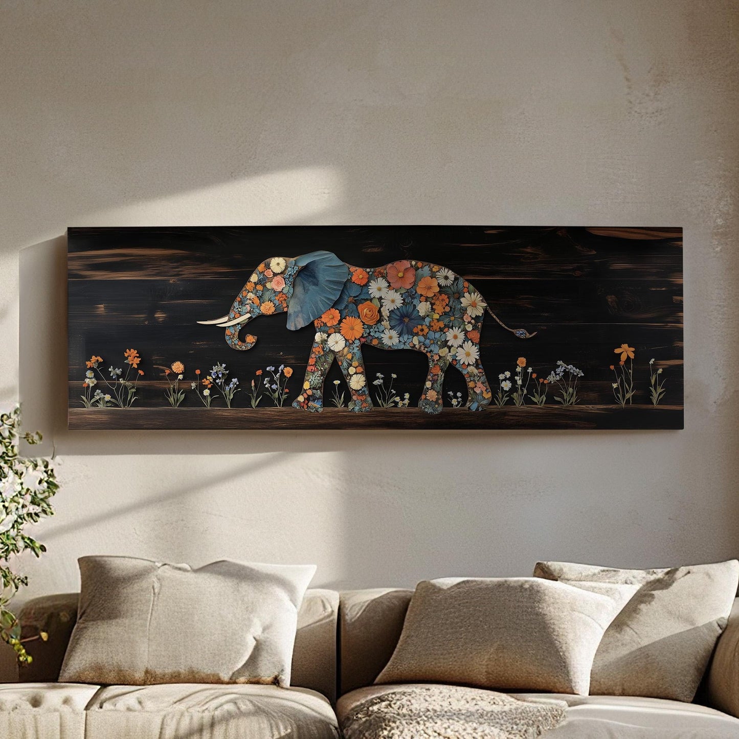 Floral Wood Elephant Panoramic African Elephant, Minimal Animal Lover Canvas Print, Boho Japandi Printed Canvas Art