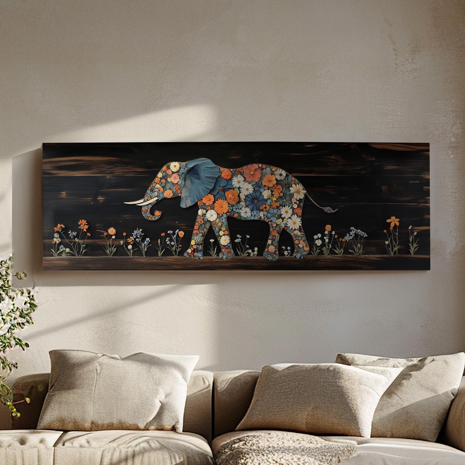 Floral Wood Elephant Panoramic African Elephant, Minimal Animal Lover Canvas Print, Boho Japandi Printed Canvas Art