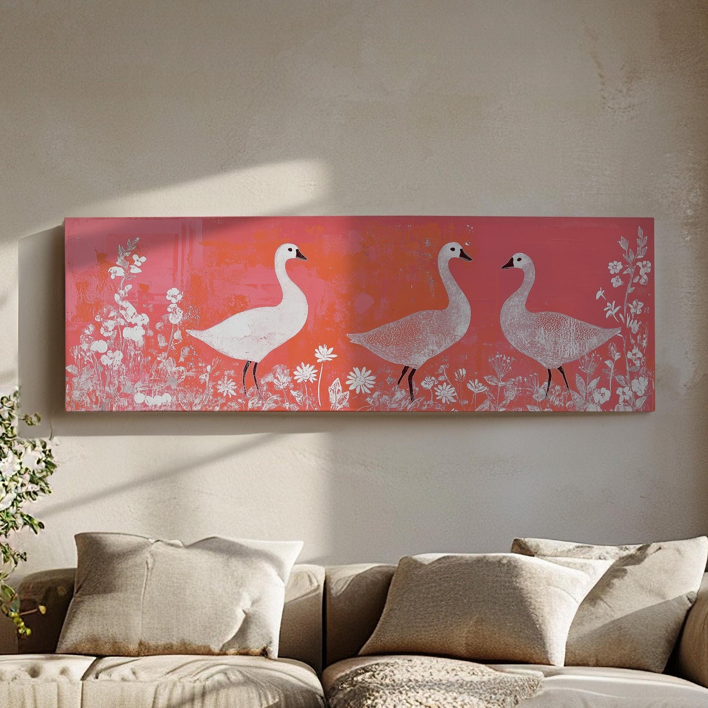 Geese and Wildflowers Canvas Print: Minimalist Folk Art, Orange Tones