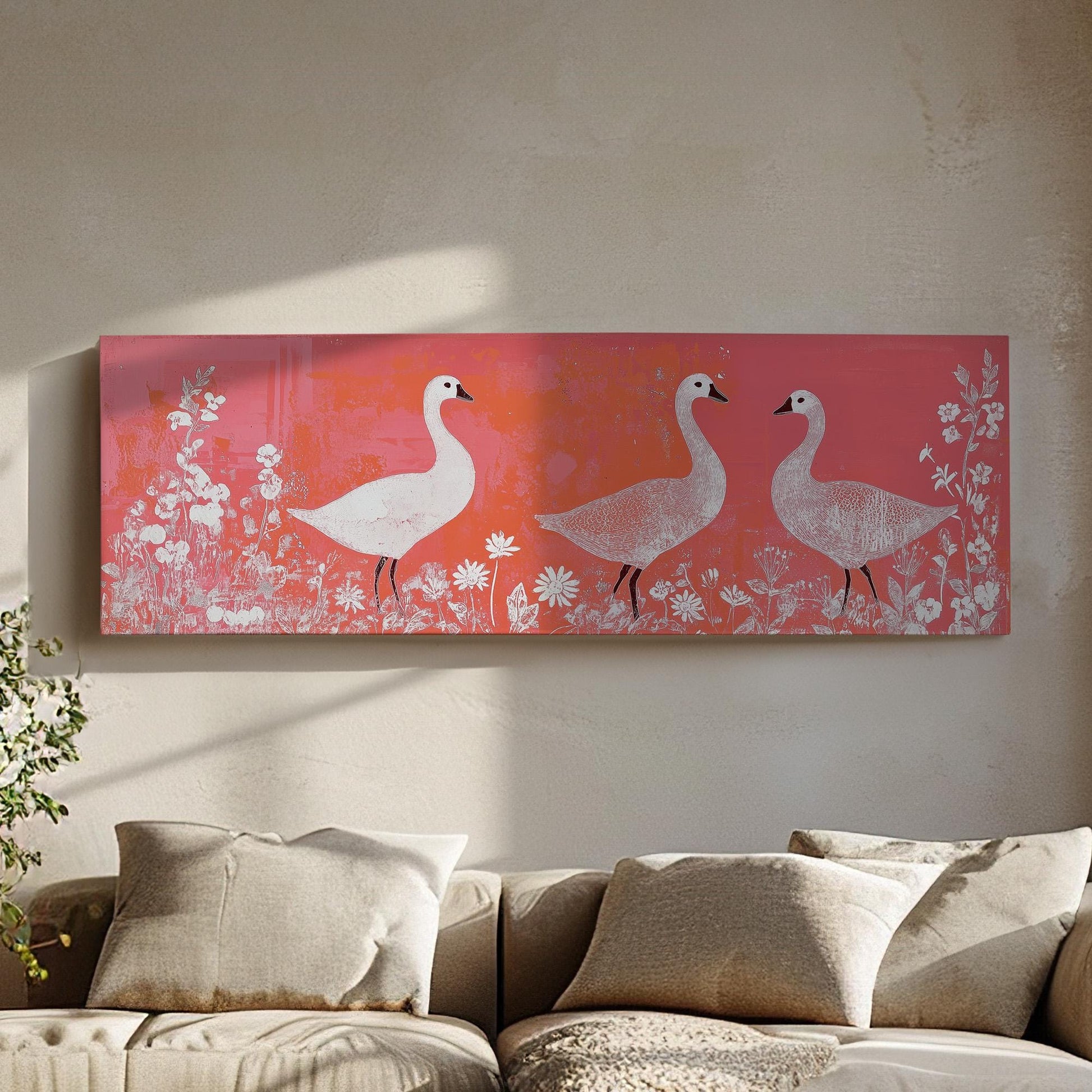 Geese and Wildflowers Canvas Print: Minimalist Folk Art, Orange Tones