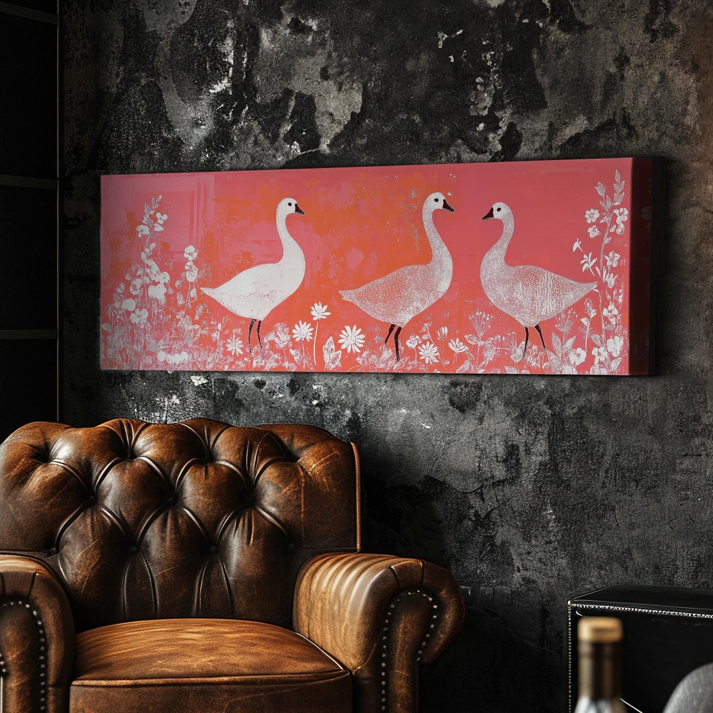 Geese and Wildflowers Canvas Print: Minimalist Folk Art, Orange Tones